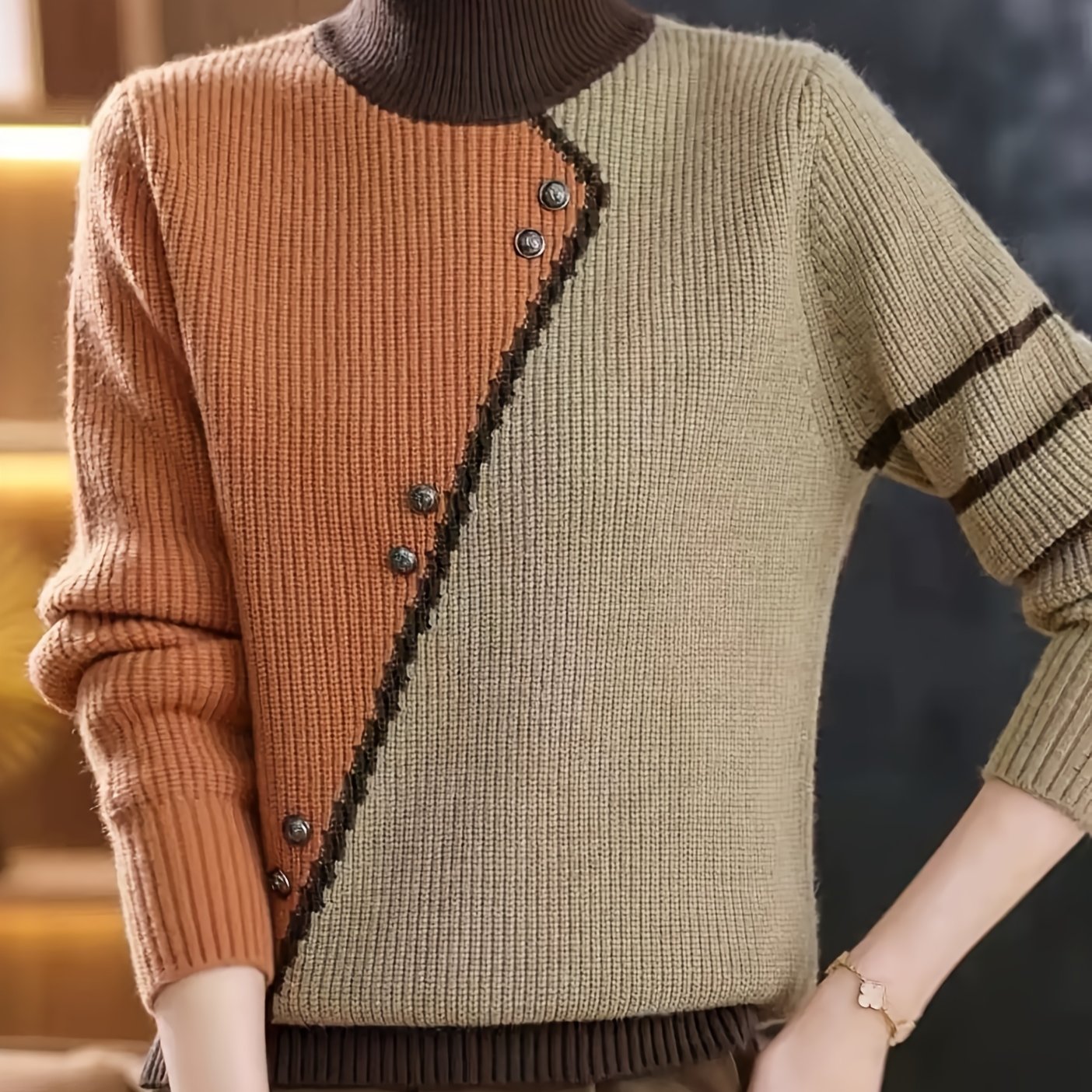 TEMU Nouveau pull mode d'automne pour femme, pull multicolore contrasté à col avec motif multi-boutons, pull de haute qualité pour tenue de , costume