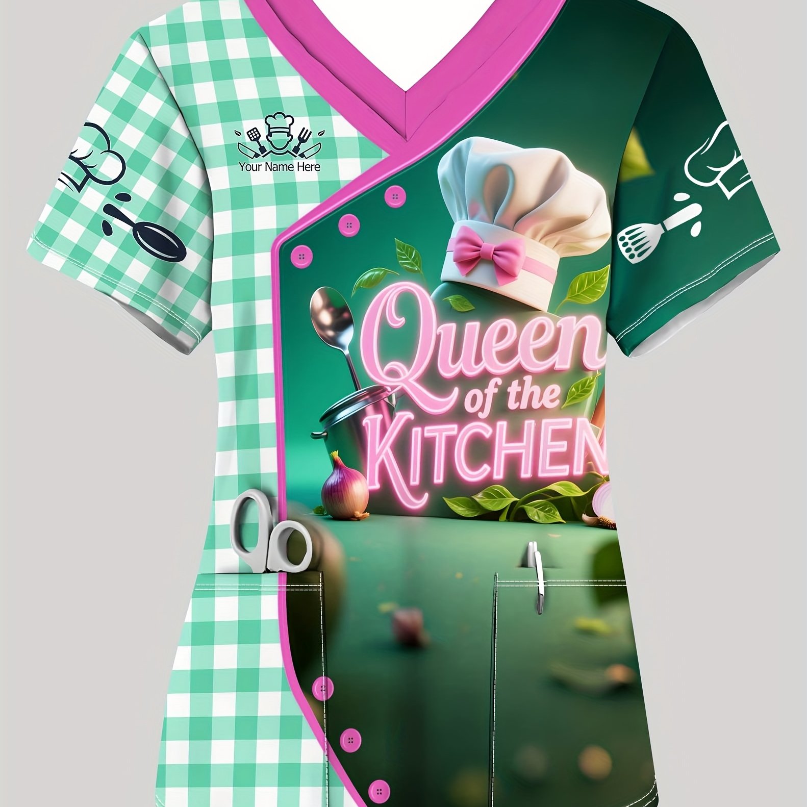 TEMU Personalized Chef T-shirt With Custom Name/text - V-neck Cooking Apparel Suitable For Chef Gifts, Pocketed Uniform, Machine Washable Chef