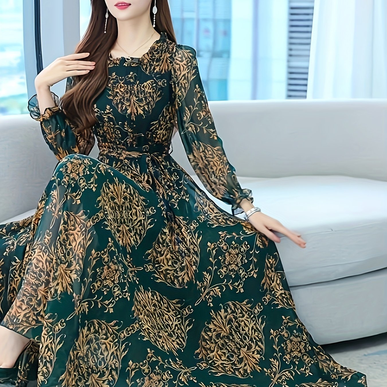 Emerald green floral print chiffon maxi dress with square neck A line sleeves and ruffled hem