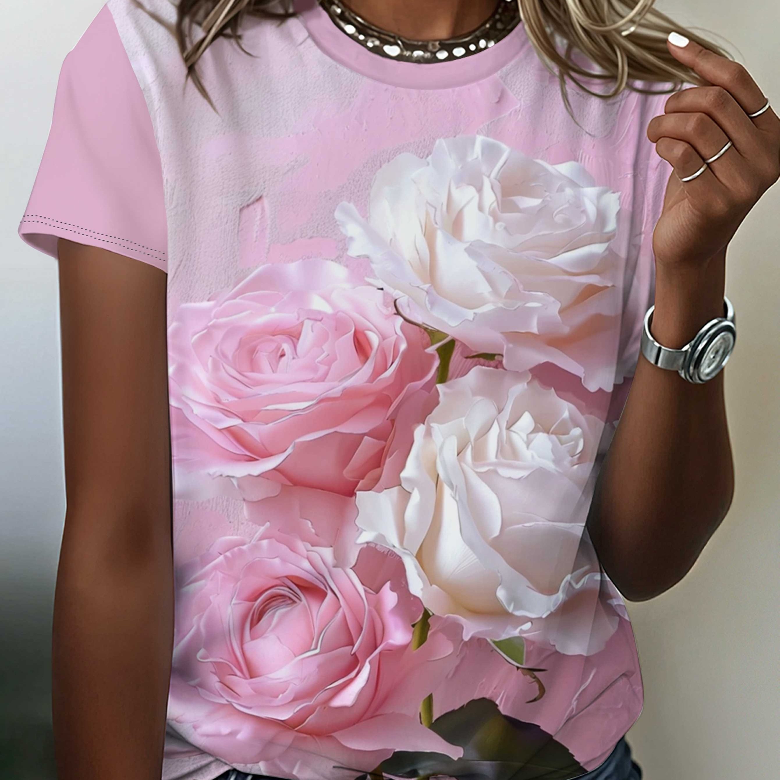 TEMU Summer Women's T-shirt With Print, Round Neck Short Sleeve Top, Outdoor Casual Wear