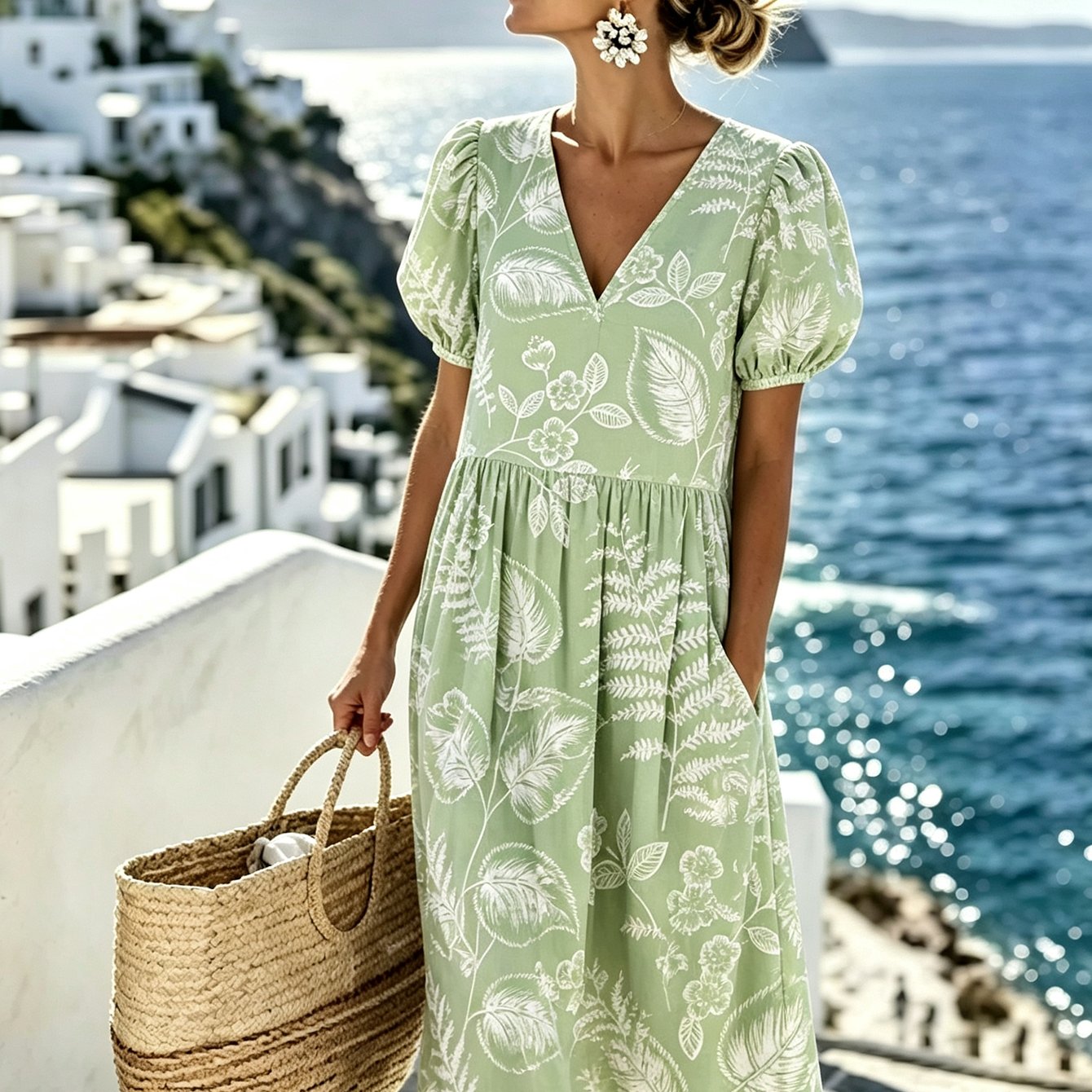 Image of Women's V-neck Dress, Leaf Print Puff Sleeve High Waist Midi Dress, Loose And Slim Fit With Pockets, Comfortable And Breathable, Suitable For Beach Vacation, Daily , Commuting And Dating