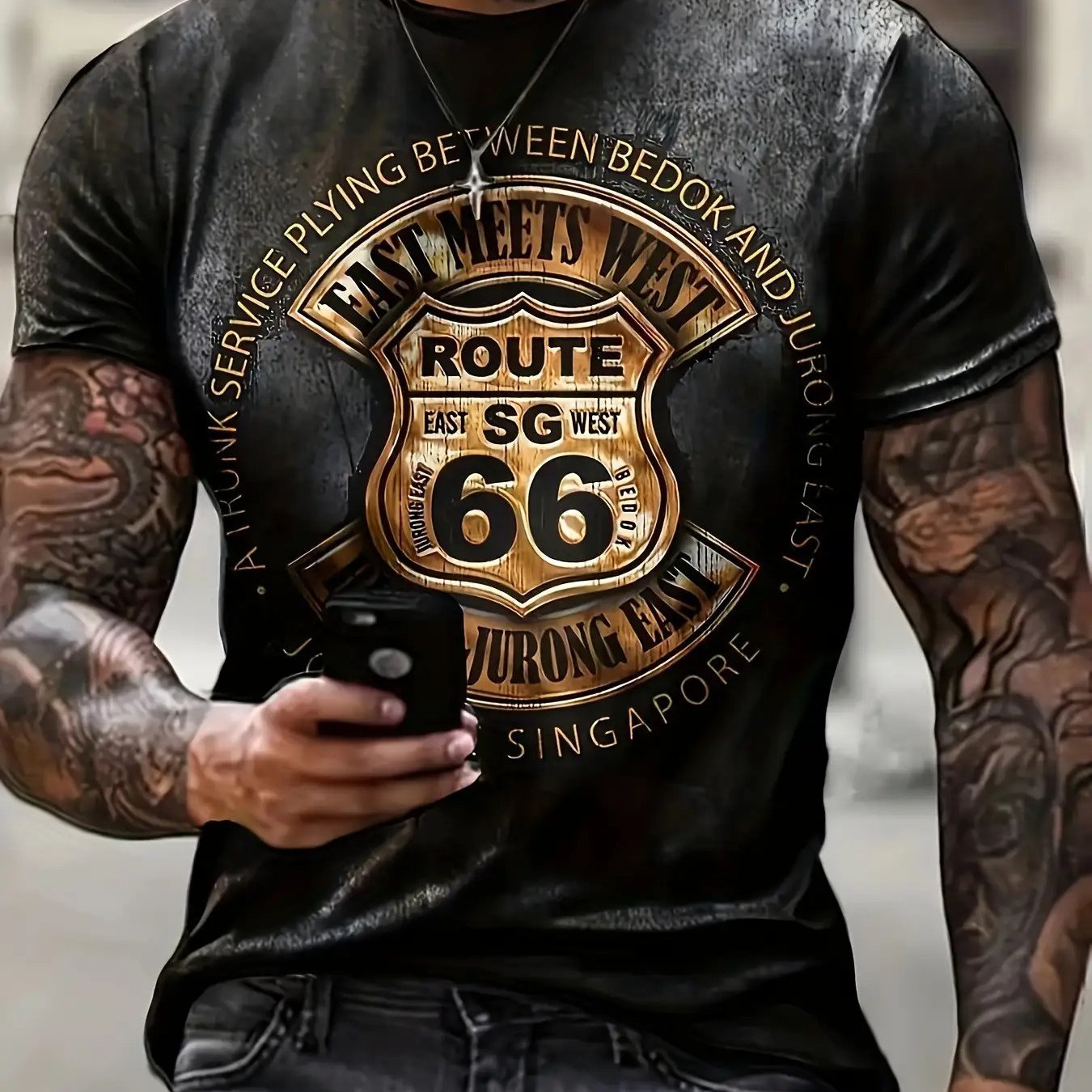 Image of Men's Retro Graphic T-shirt - Classic Sign Design, Lightweight Polyester Fabric Unisex Summer Casual Top, Ideal Gift For Dad, Husband, And Enthusiasts, Plus Size