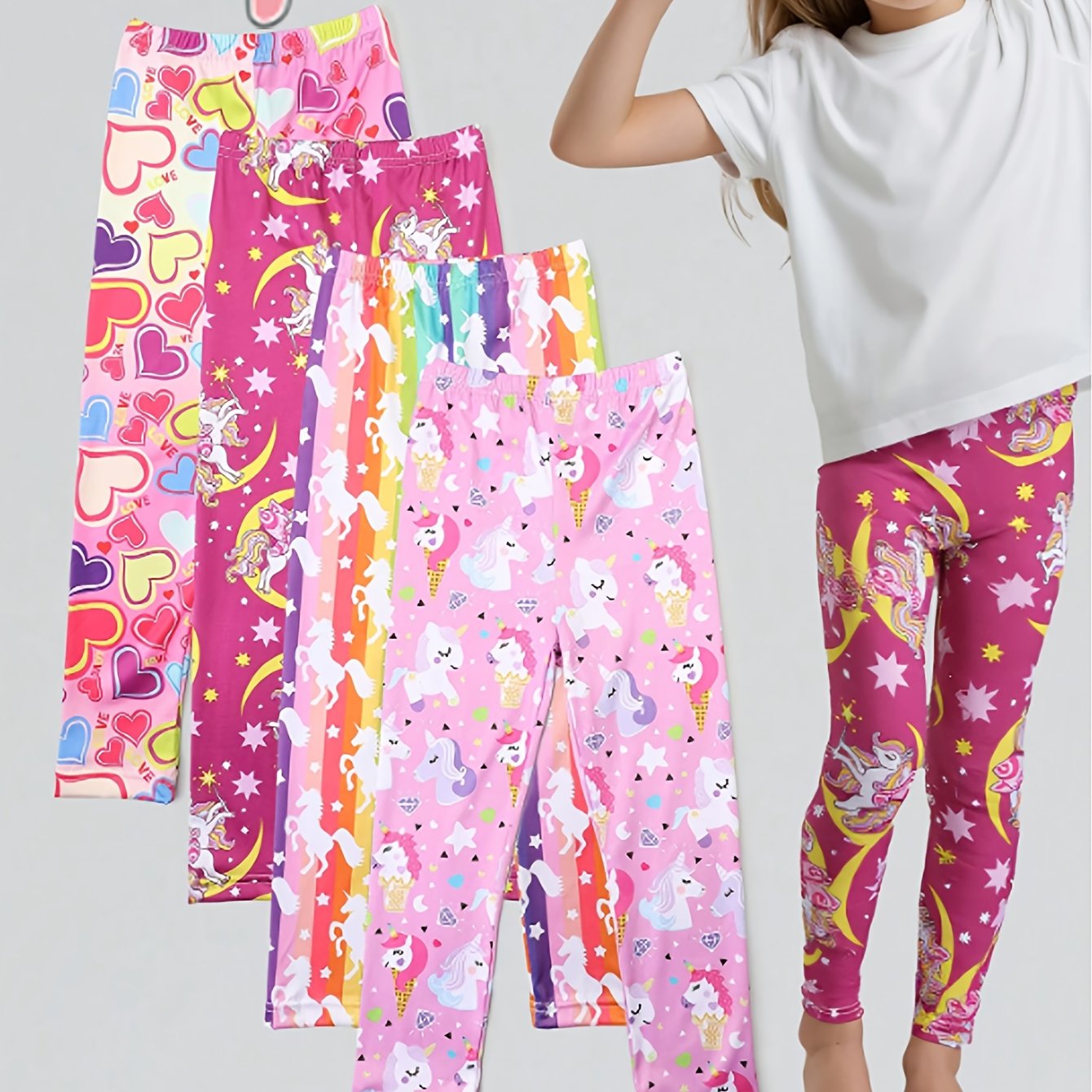 E-shop 4er-Pack bunte, figurbetonte Leggings mit Print für Mädchen, modische und beliebte Leggings als Oberbekleidung für Mädchen, geeignet für den