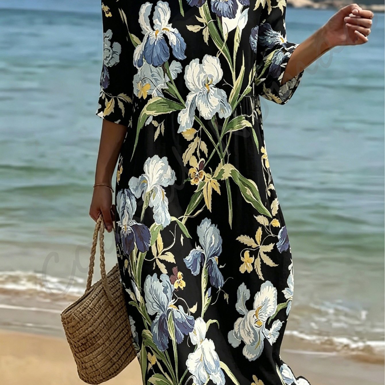 Women's Style Dress, Round Neck And Three-quarter Sleeves, Black Midi Dress With A Sophisticated Design, 2d Floral Print, Suitable For Work And Vacation.