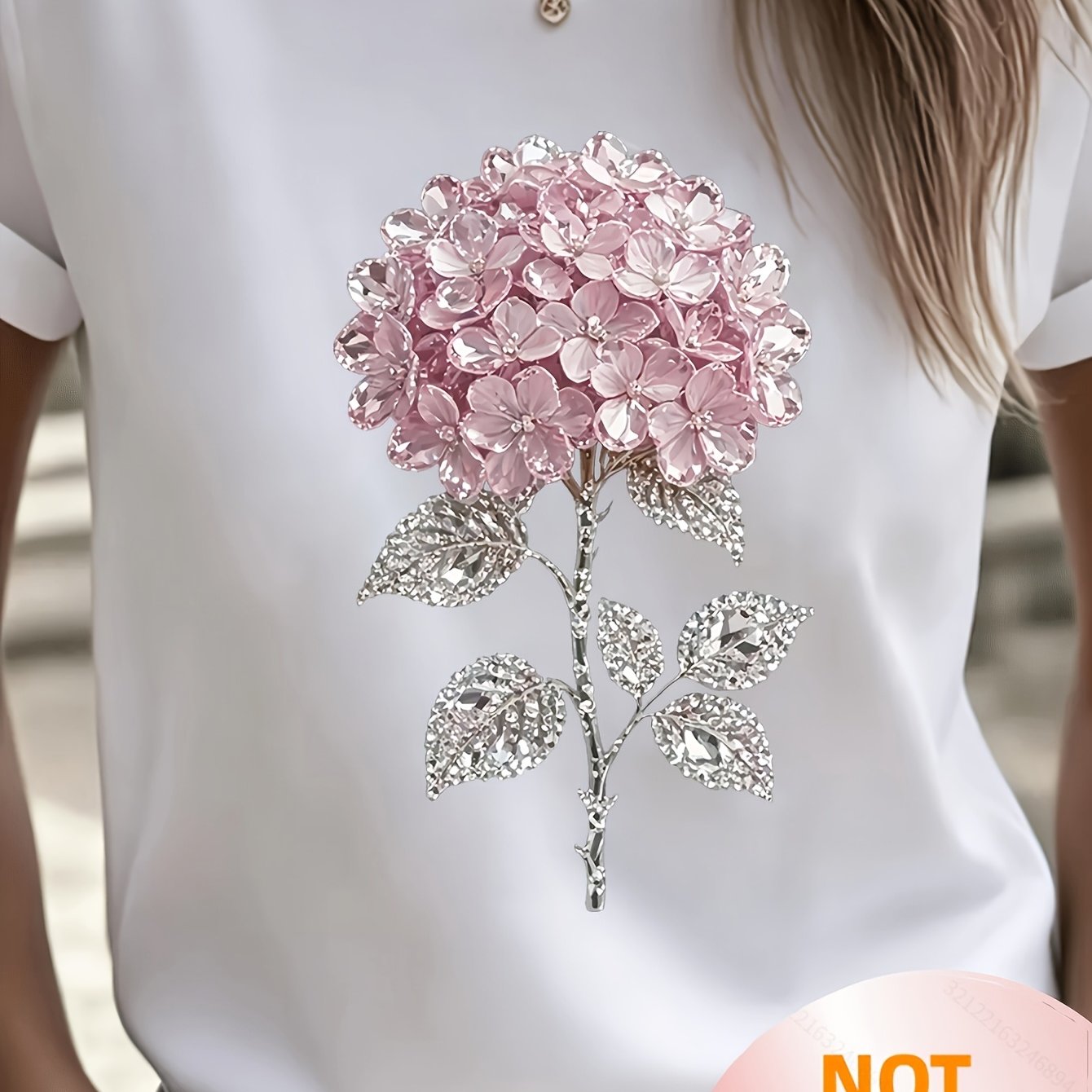 TEMU Plus Size, Plus Size Women's Hydrangea Print T-shirt, Casual Crew Neck Short Sleeve Top