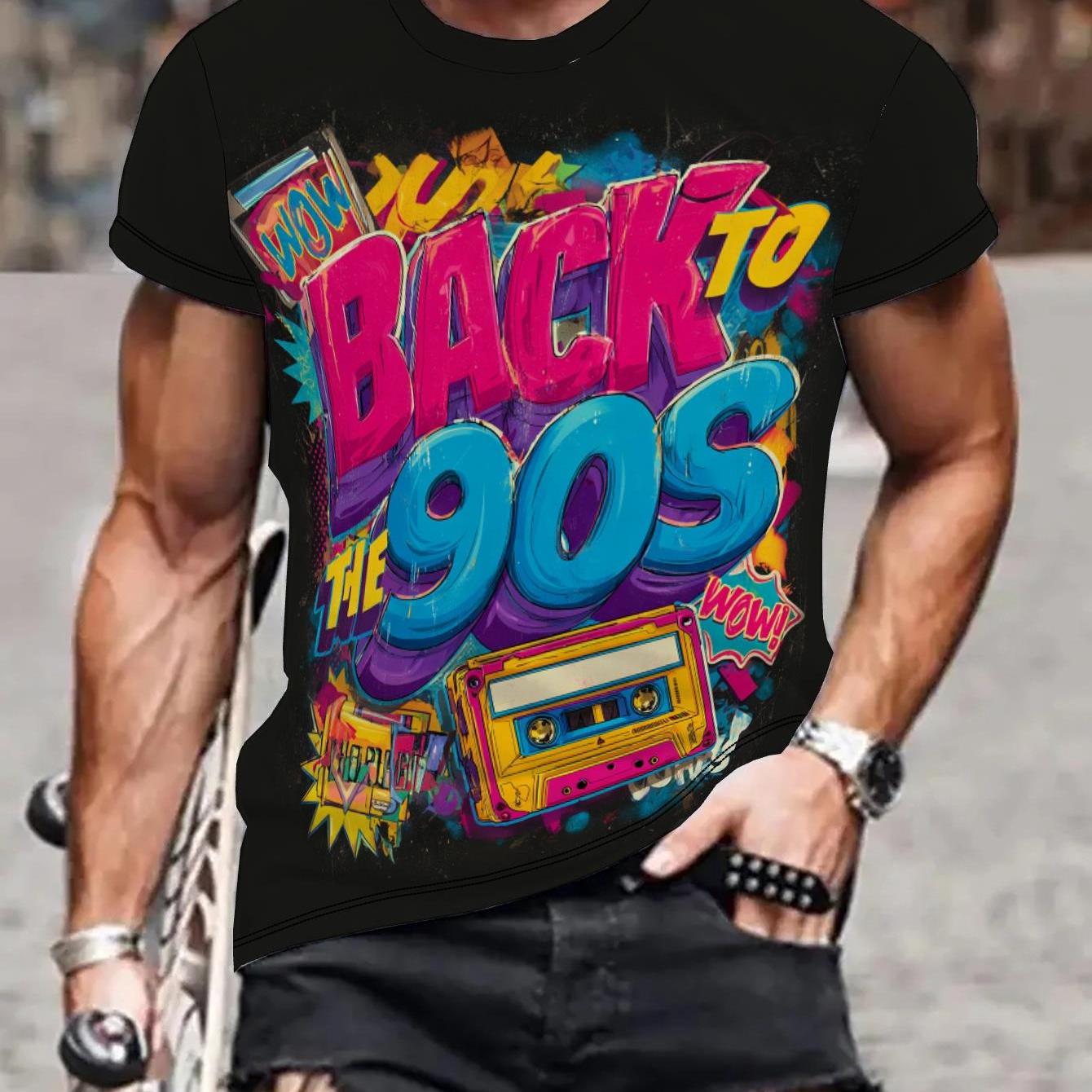 TEMU Men's Printed T-shirt Black Back To The 90s Retro Cassette Tape Graffiti Graphic Vintage Hip Hop 80s 90s Party Casual Streetwear Trendy Summer