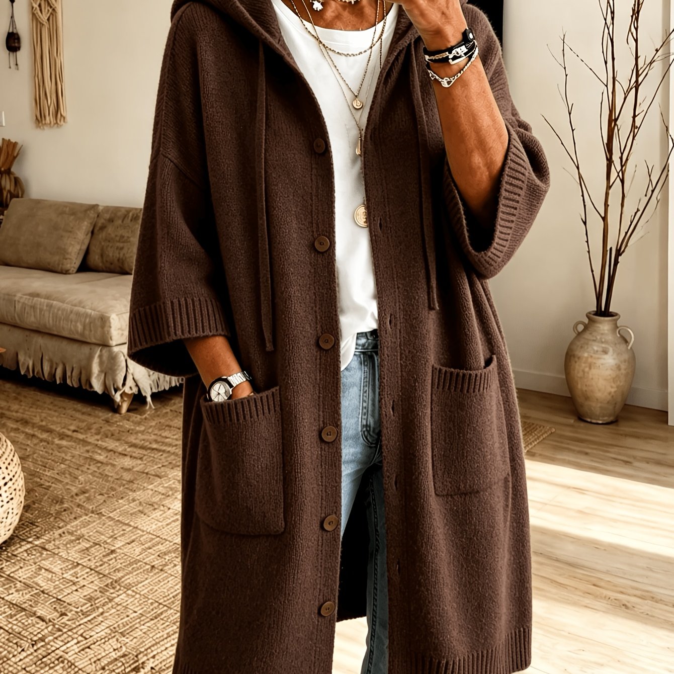 TEMU Plus Size - Plus Size - Women's Spring Autumn Elegant Casual Cute Sexy Gentle Solid Color Hooded Drawstring Thick Long Sleeve Soft Warm Coat