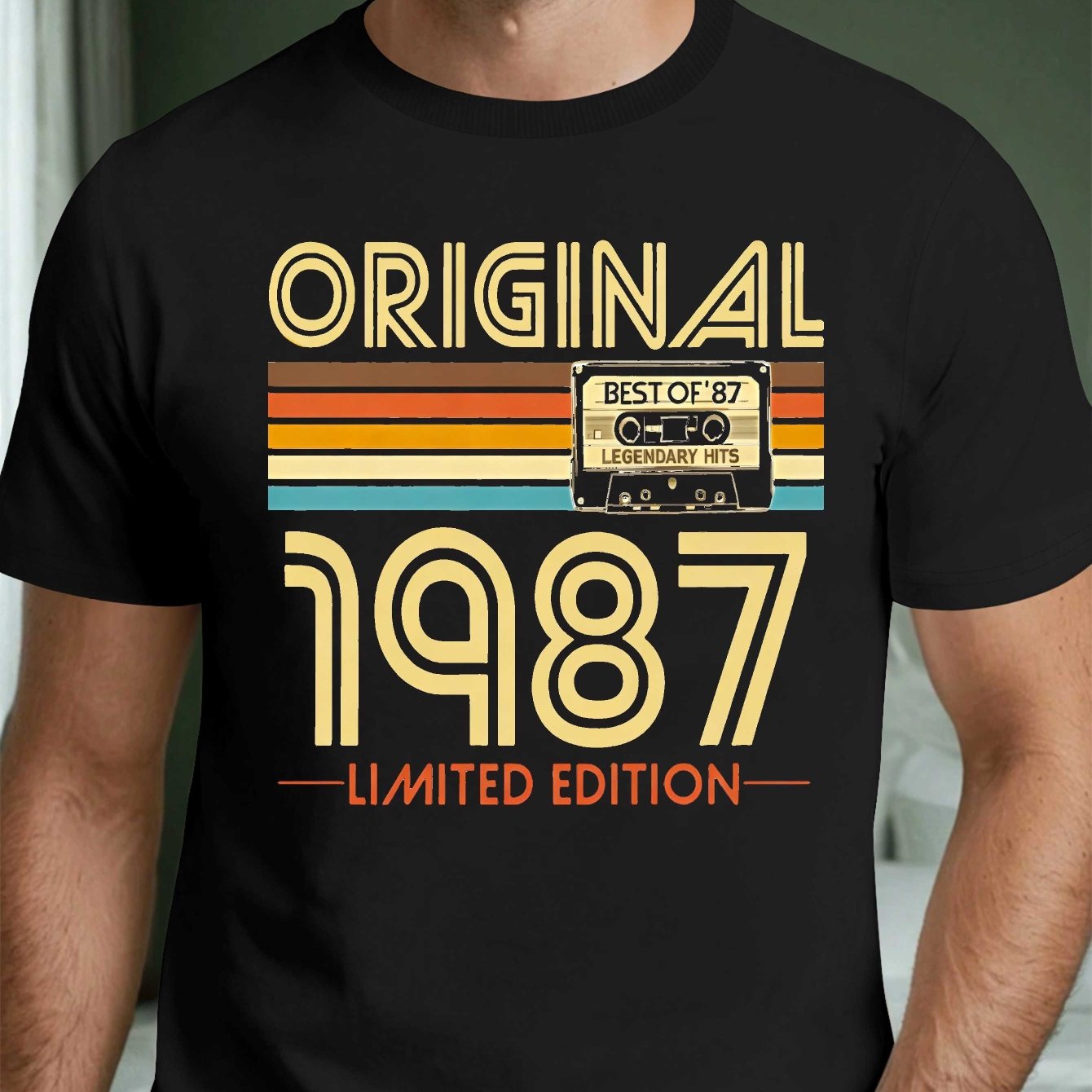 TEMU Men's Vintage 1987 Edition Retro Cassette Tape T-shirt - Solid Color Round Neck Tee Suitable For Parties & Casual Attire, Machine Washable