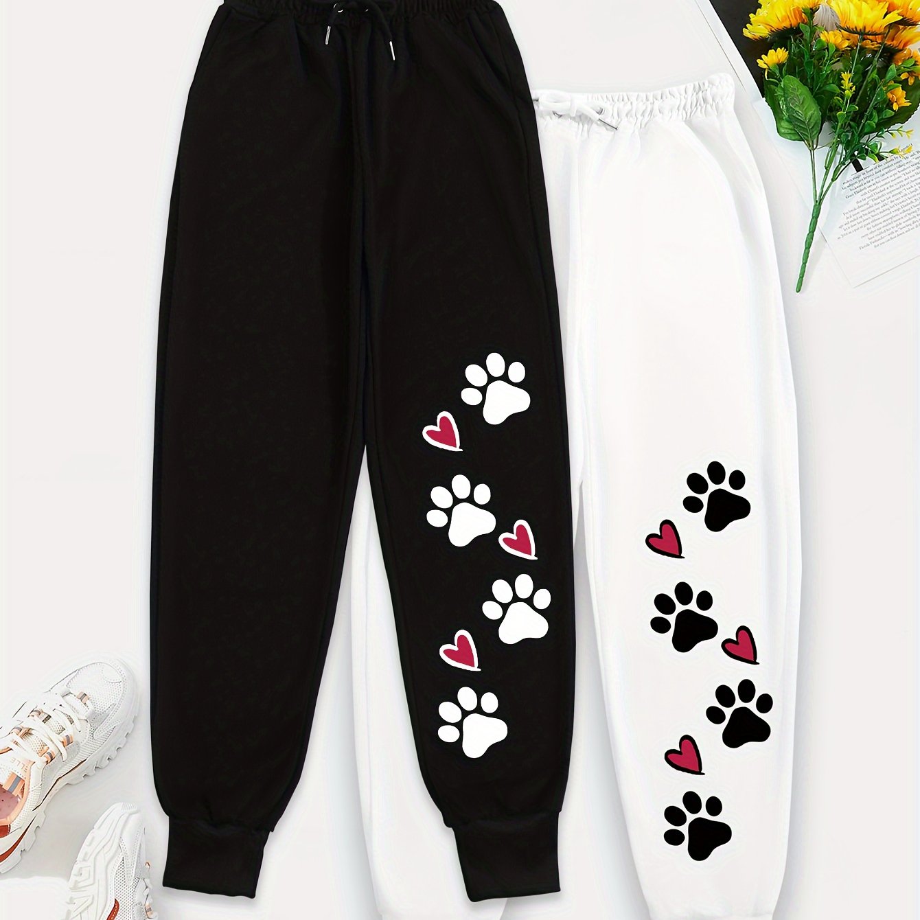 TEMU Ensemble deux pièces pour femmes avec pantalon ample et évasé à cordon de serrage élastique avec poche imprimée | Décontracté, motif animalier,