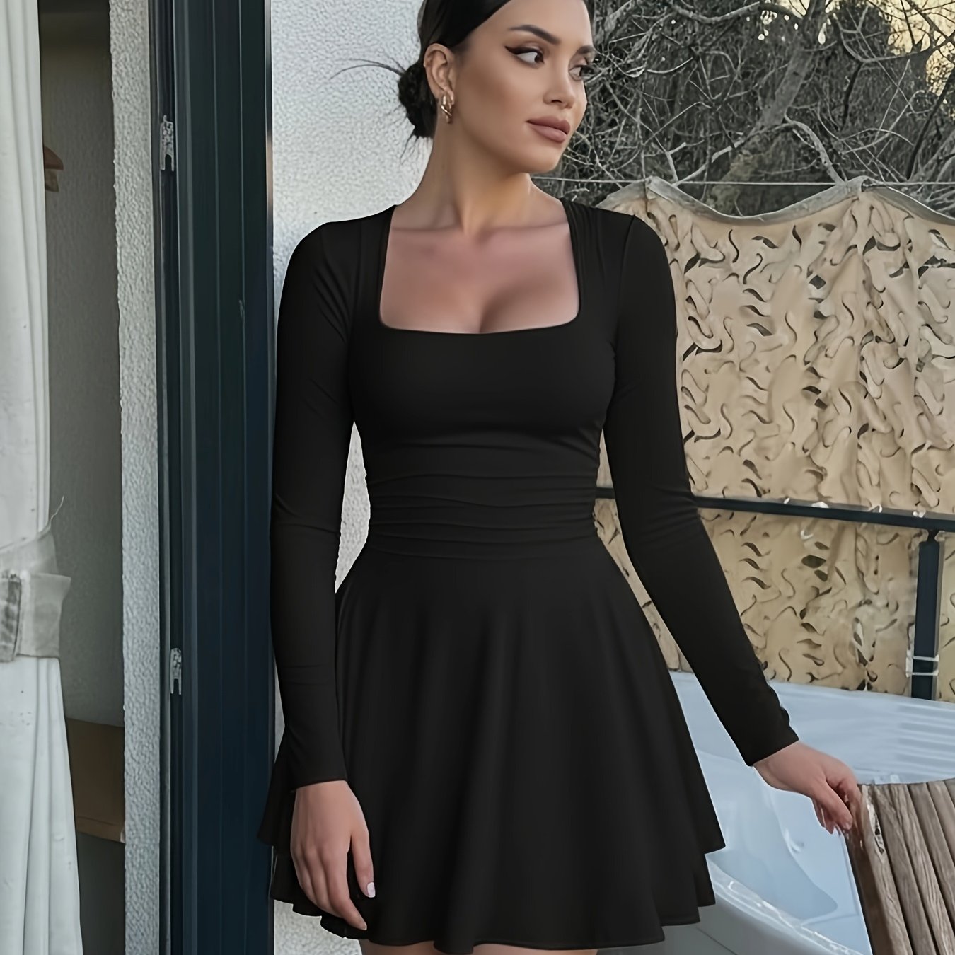 Image of Women' Neck Ruched Hem Mini Dress Ruched Waist Long Sleeve Bodycon Short Party Dress