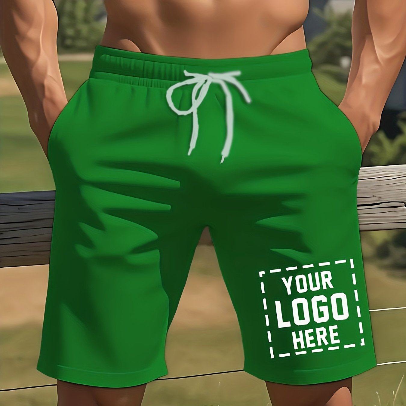 TEMU Plus Size Custom Men's Beach Shorts - Personalized Logo And Text, Drawstring Waistband, Comfortable And Breathable, Suitable For Outdoor Casual