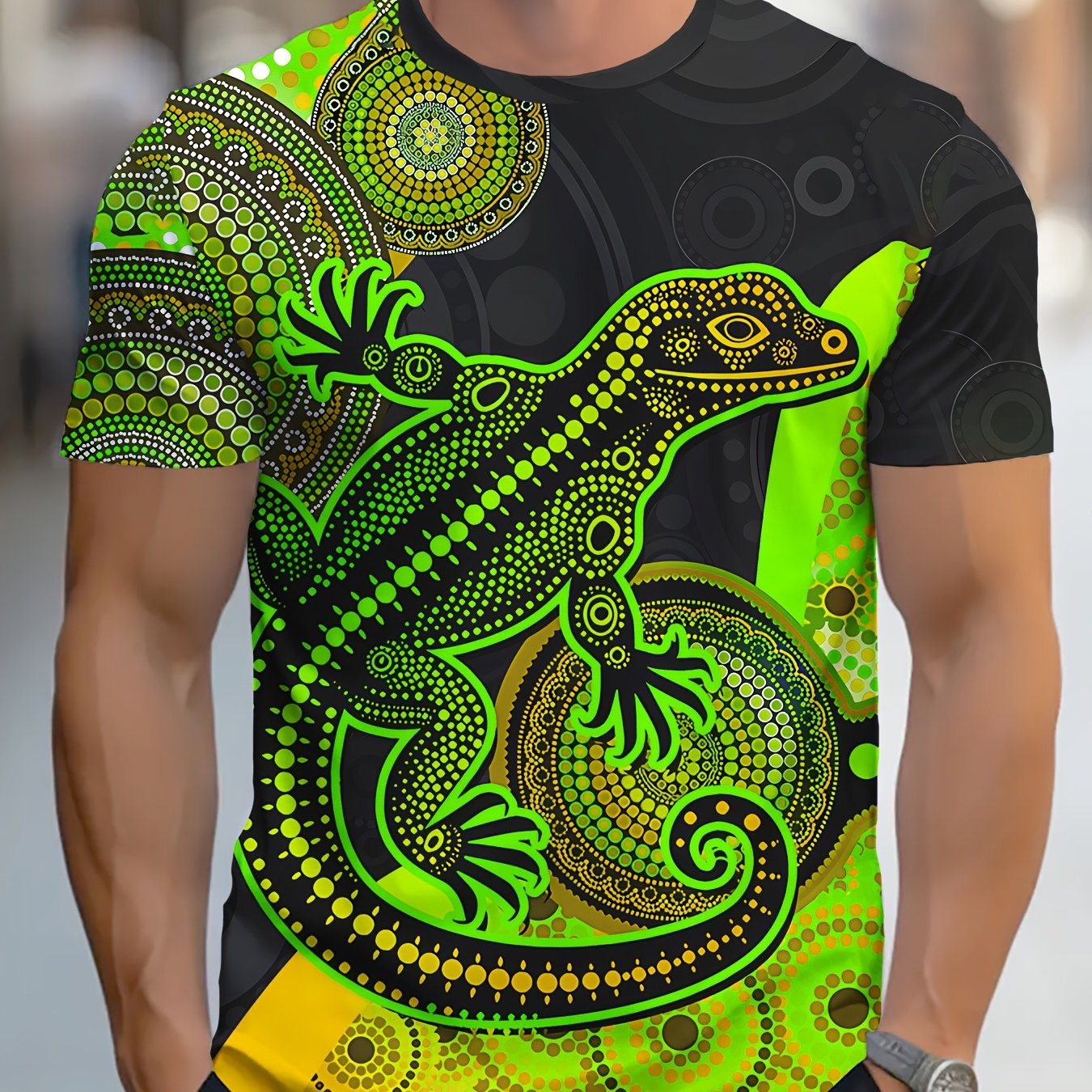 TEMU Men's Graphic T-shirt - Featuring A Lizard Print In Black, Orange, Yellow, And Red With White Accents - A Regular Fit Casual Shirt Suitable For