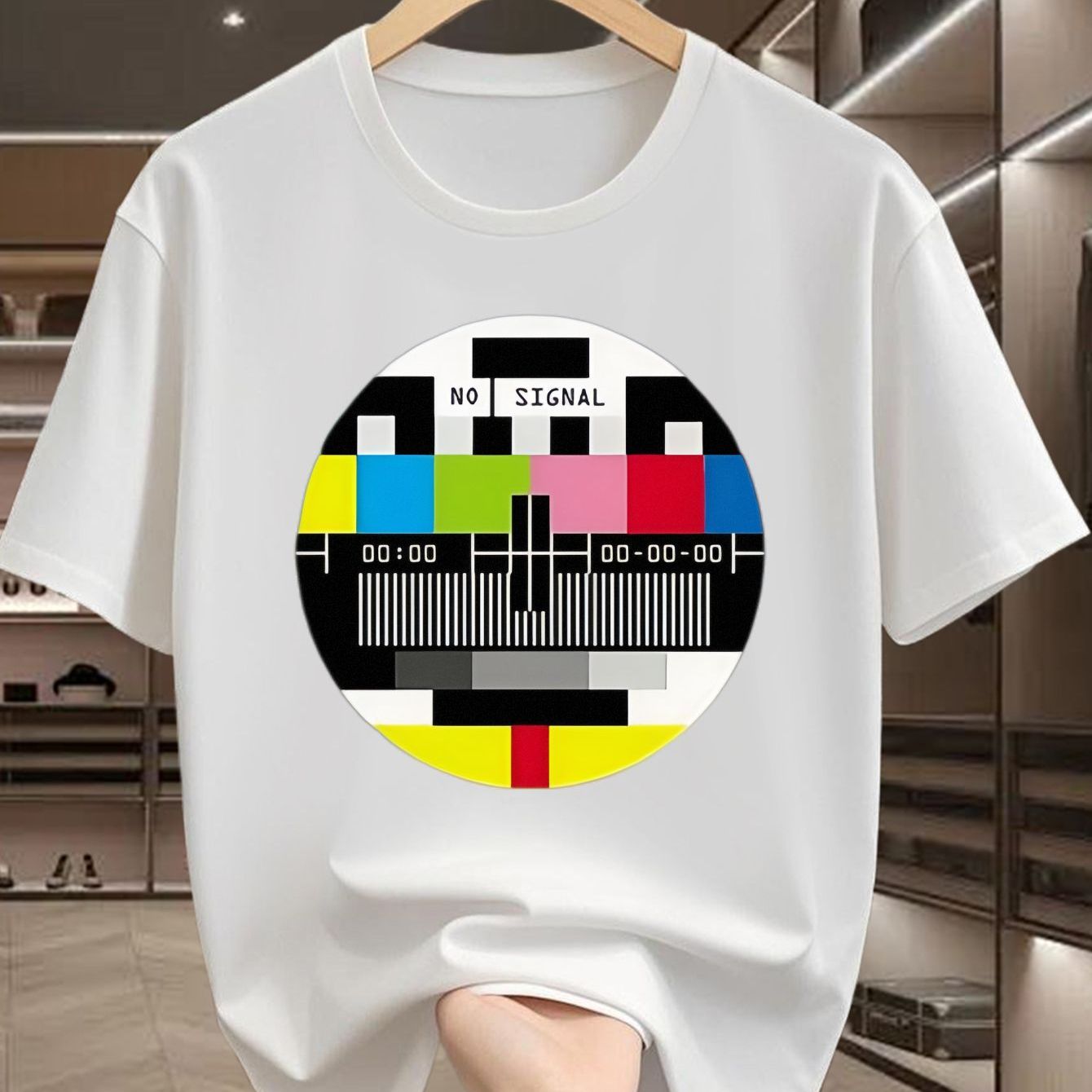 TEMU Men's Test Pattern T-shirt - Round Neck Short Sleeve Casual Summer Tee With Tv Static Screen Print For Nostalgic Casual Attire