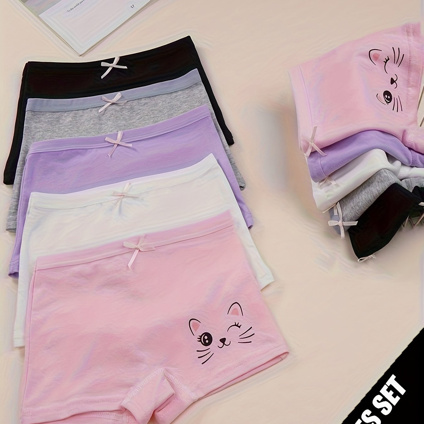 Image of 10pcs Girls' Underwear, Cute Cat , Bow Waistband, , , Comfortable Panties For - Print - -