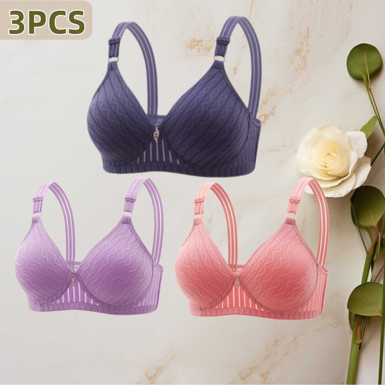 Image of 3pcs Striped Wireless Bras For Middle-aged& Elderly Women, Triple Hook-and-eye Closure, Underwear For Moms