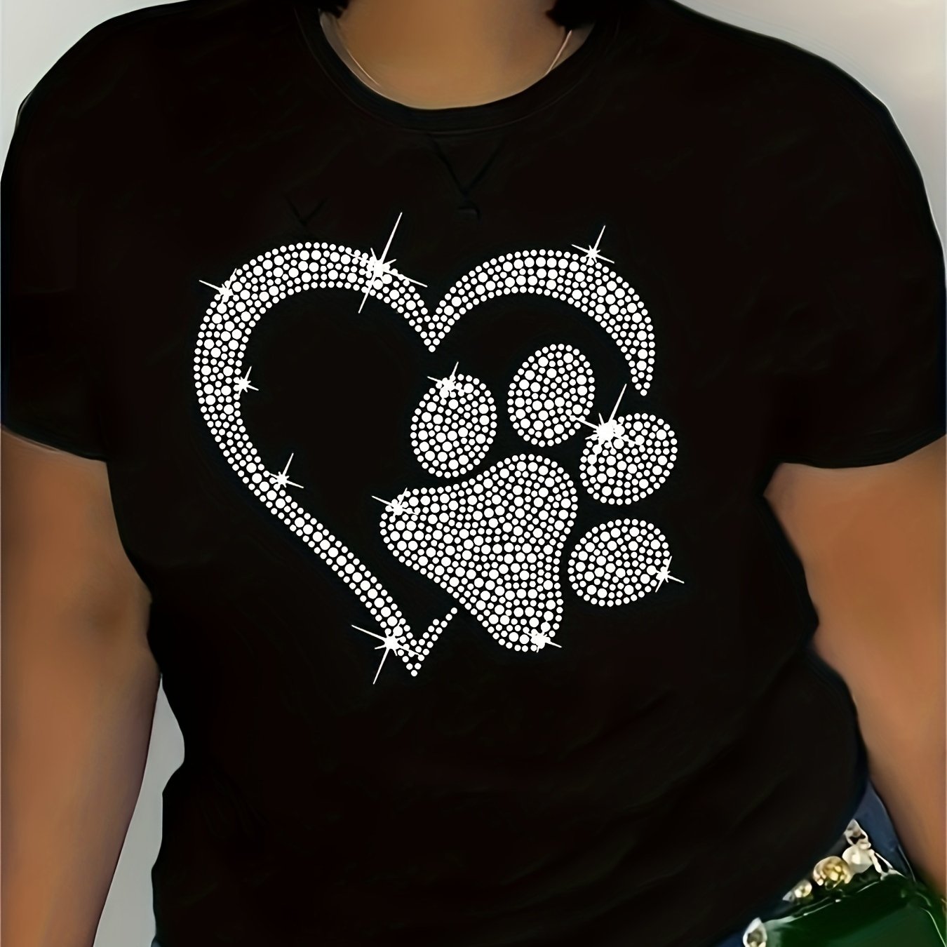 Image of Plus Size - Large Size Heart Rhinestone T-shirt, Casual Round Neck Short Sleeve Top, Women's Plus Size Clothing