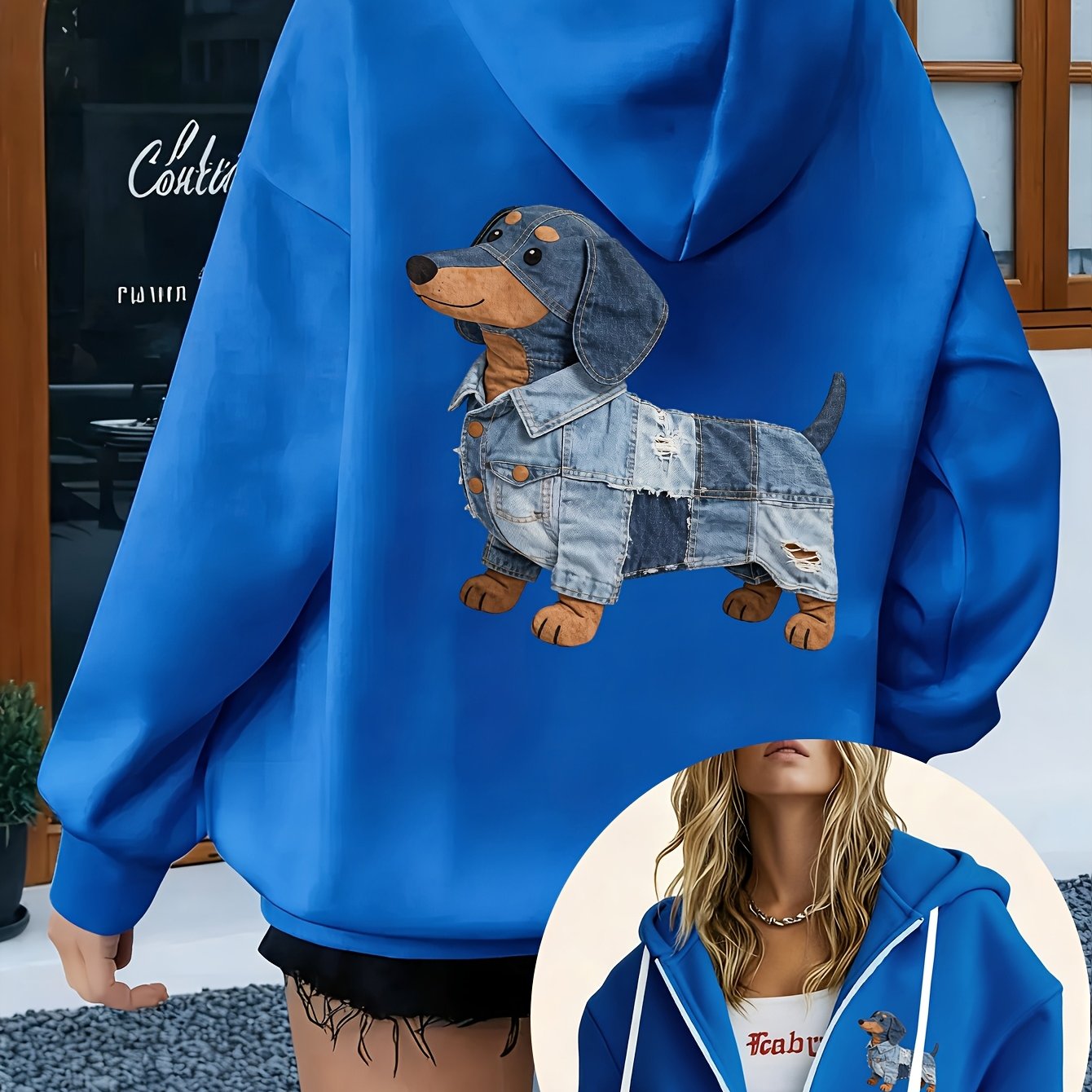 TEMU Denim Dachshund Print, Women's Sports And Leisure Zipper Hoodie, Suitable For Autumn And Winter Casual Loose Versatile Sweater, Micro-elastic