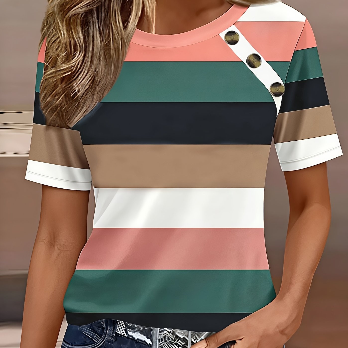TEMU 2026 /summer Short-sleeve T-shirt, Round Neck, Striped Print, Button Decoration, Casual And Comfortable Women's T-shirt, A Perfect Gift