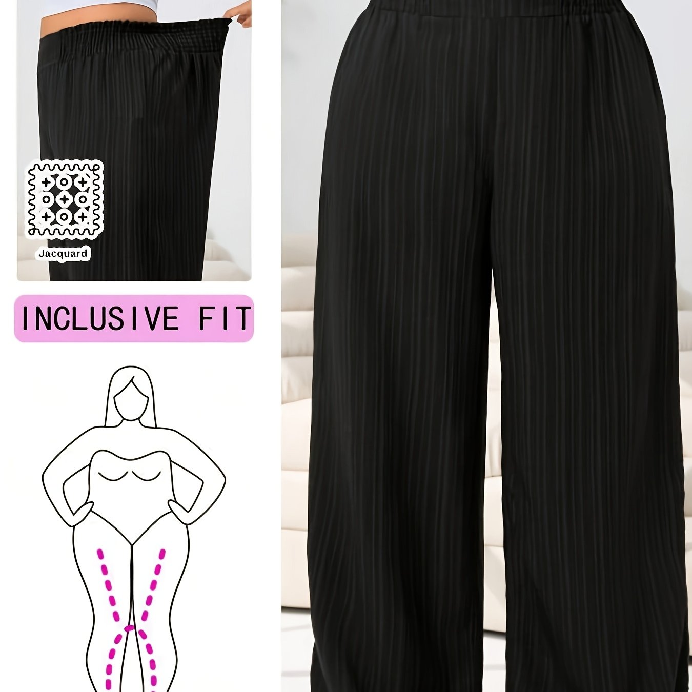TEMU Plus Size, Plus Size Spring/autumn Long Pants, Curved Design, Casual And Comfortable, Loose Textured Fabric, Adjustable Waistband, Suitable For