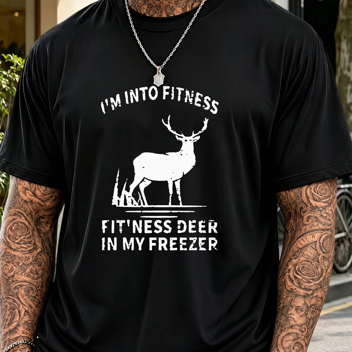 TEMU Christmas, Single-pc Men's Short-sleeve T-shirt, Made Of Slightly Stretchy Comfortable Fabric, Featuring An Deer, Letter, And Geometric Print.