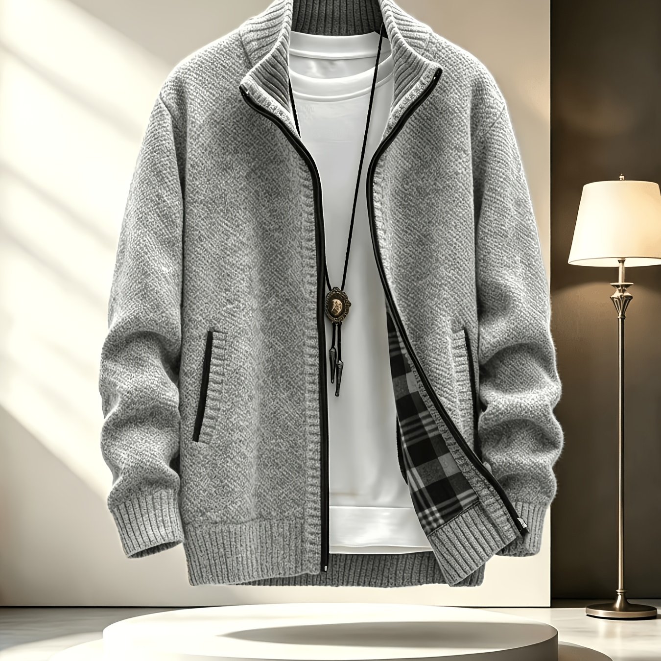 TEMU Men's Stand Collar Zip-up Knitted Cardigan For Fall Winter, Solid Color Long Sleeve Fleece Lined Casual Sweater Coat, Slim Fit And Versatile For