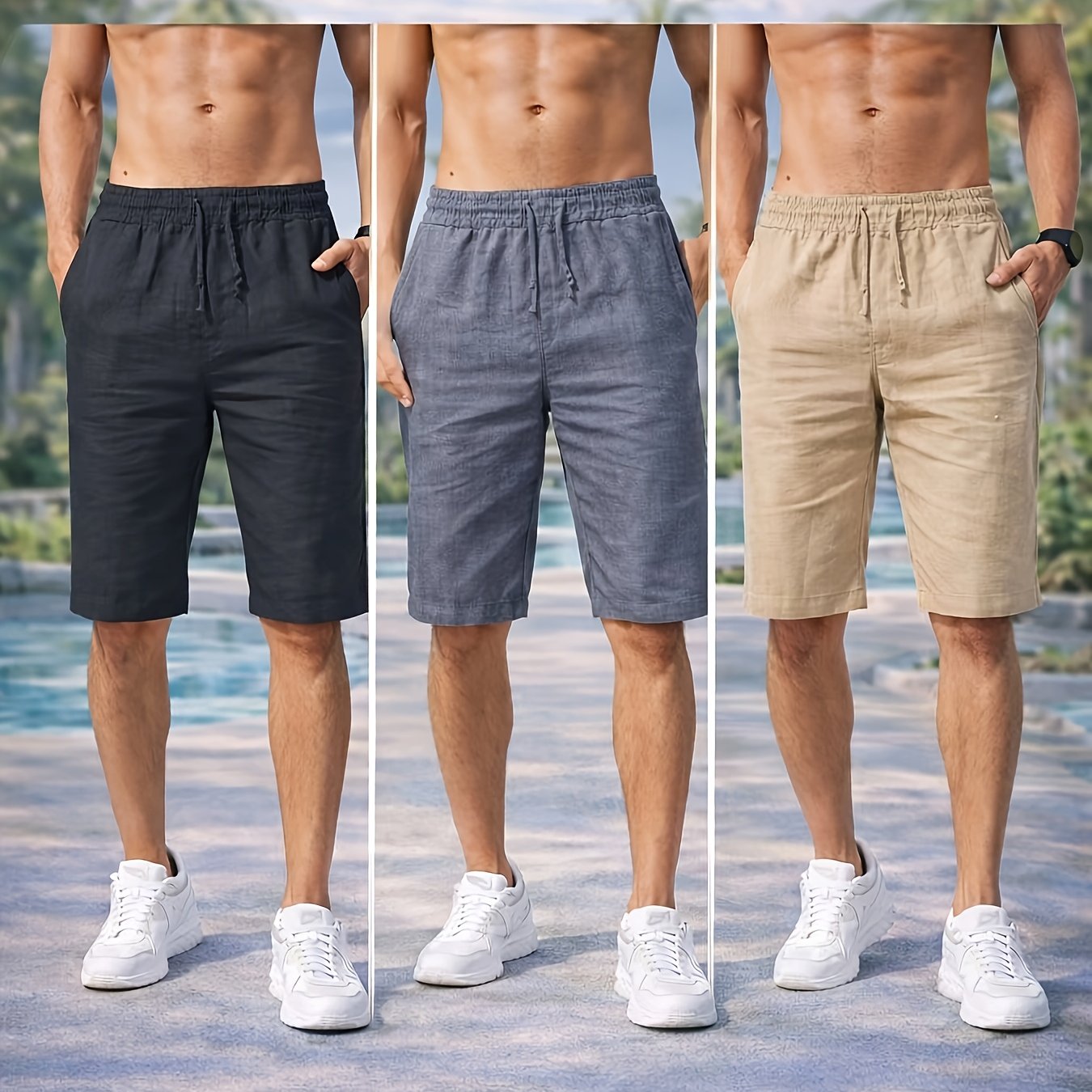 3pcs Set Men's Cotton Shorts Summer Casual Beach Shorts Lightweight Breathable Drawstring Elastic Waist