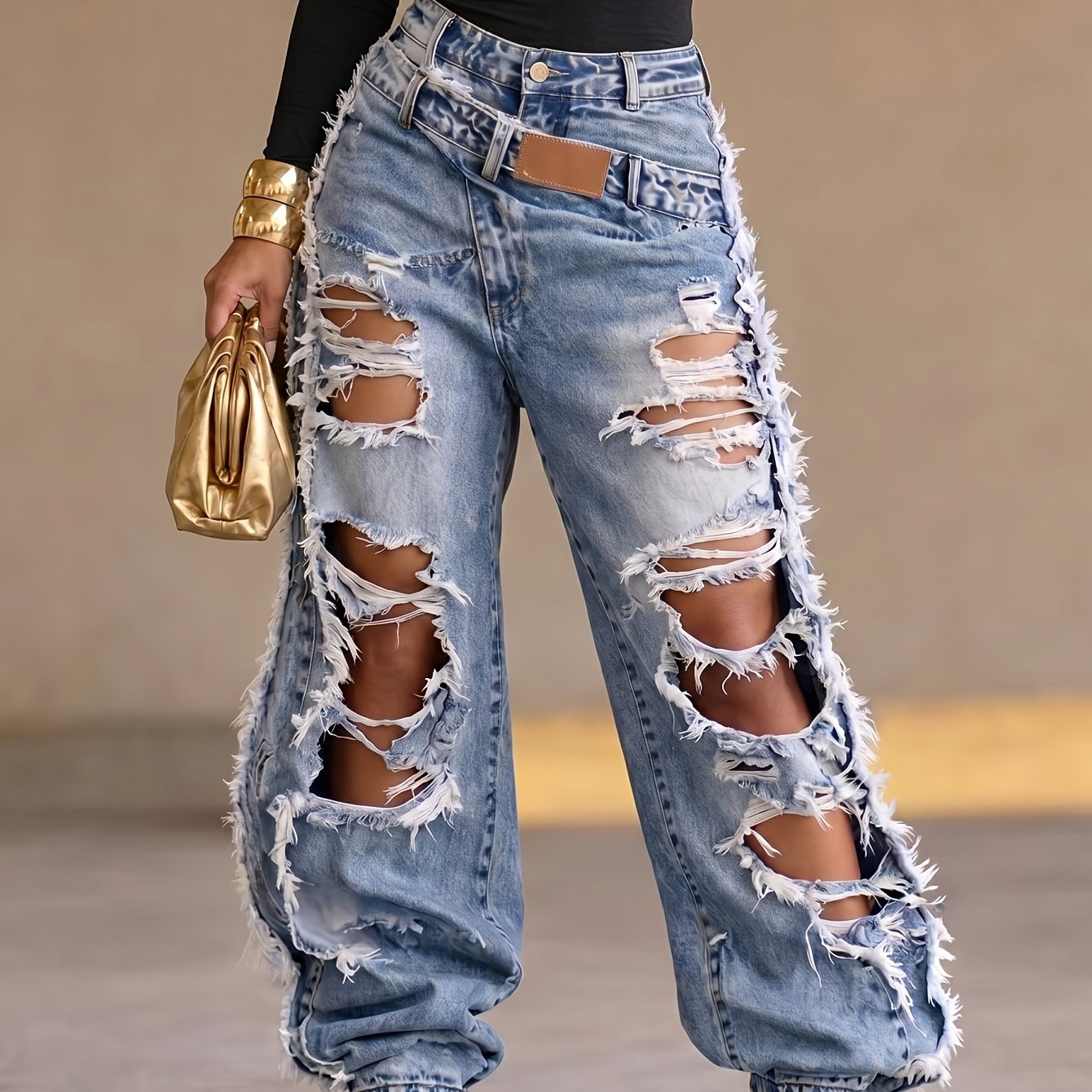 TEMU Women' Style Jogger Jeans, Heavy Ripped Loose Fit Denim Pants With Hem, Distressed Washed Trousers, Casual And Versatile For