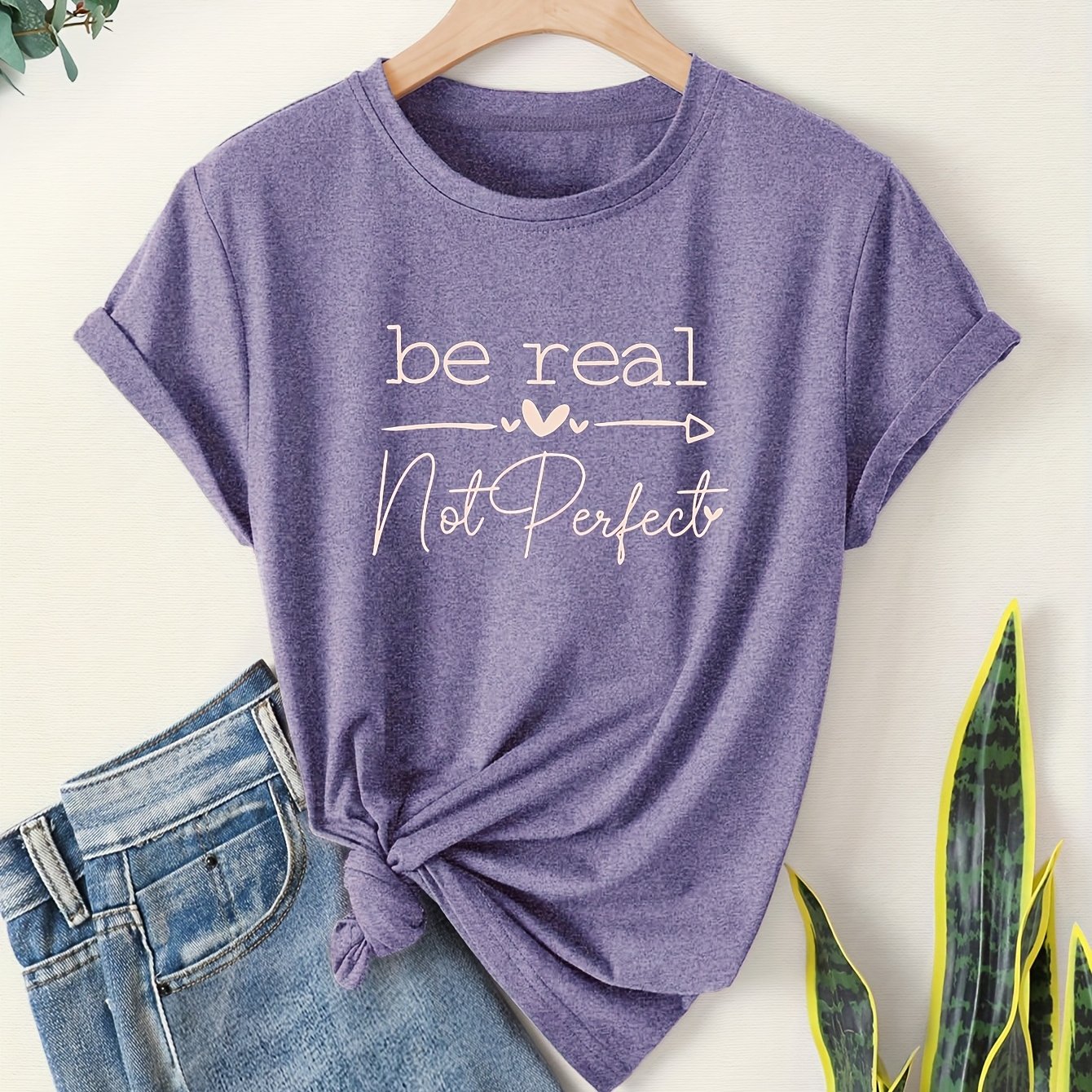 TEMU Women's Vintage Short Sleeve T-shirt With Heart & Arrow Lettering - Retro Round Neck Blouse For Spring Summer Fall, Casual & Training Top,
