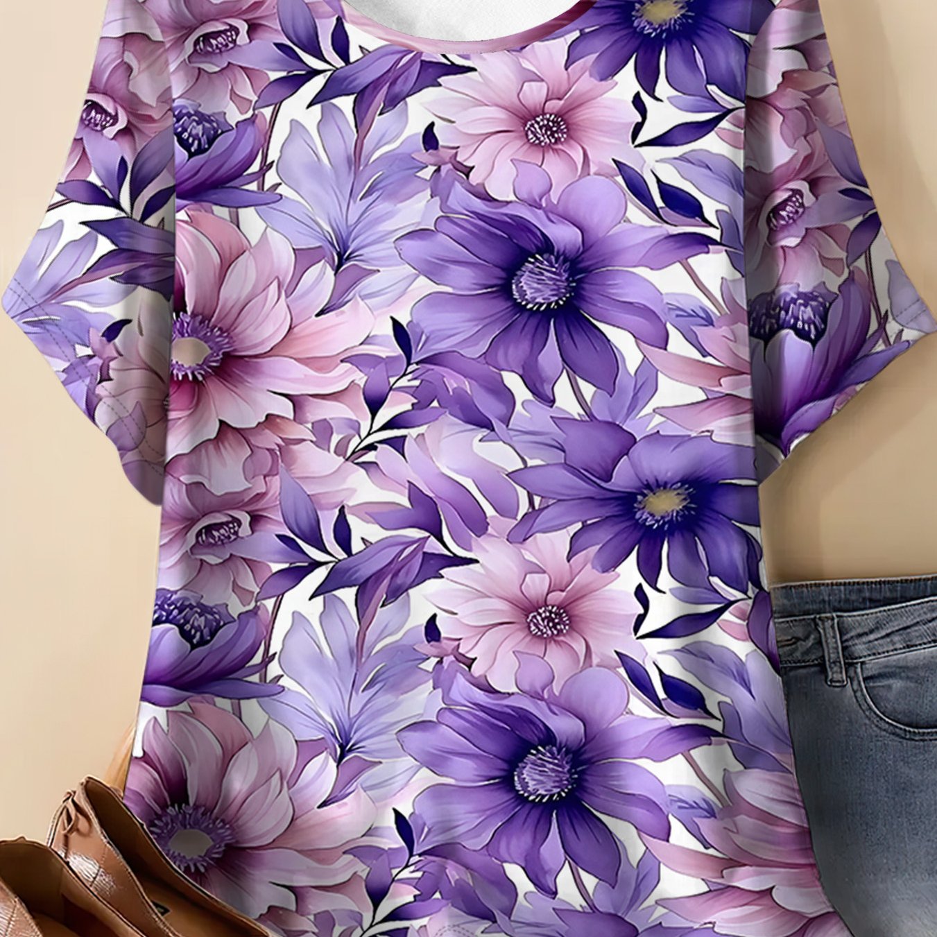 TEMU Short-sleeved T-shirt With A Floral Layered Print In White, Deep Purple, And Light Purple. Loose-fitting, Plus Size, Round Neck, Elegant And