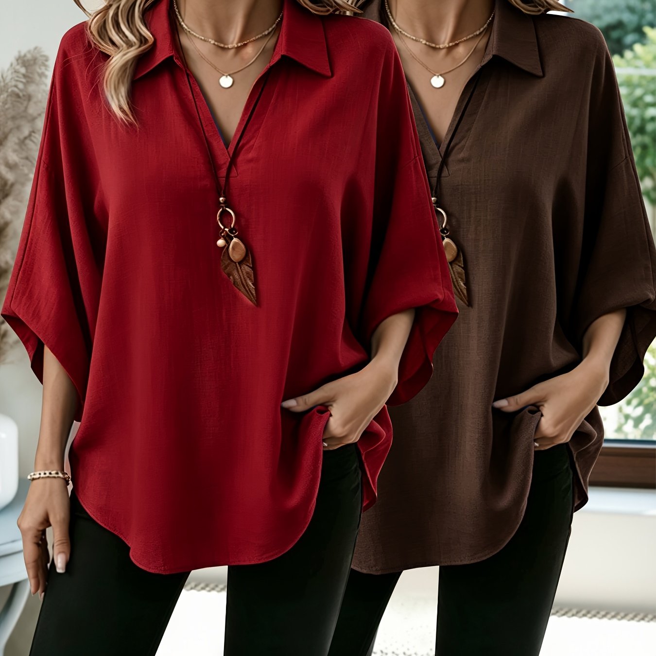 TEMU Plus Size, (2pcs Set) Large Women's Fashion Solid Color Collar Shirt Elegant Loose Half Sleeve Top Shirt