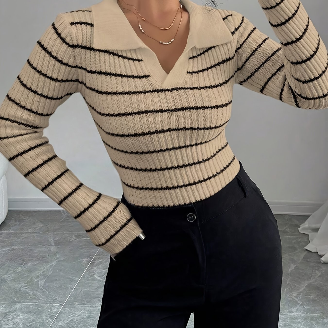 European And American Striped Neck Long Sleeve Base Layer Shirt