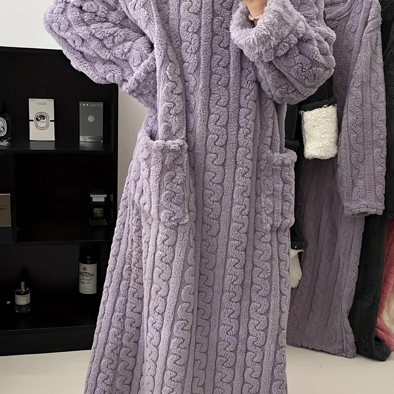 TEMU Women's Autumn Winter Solid Color Fleece Double Layer Thick Long Sleeve Warm Nightgown Casual Cute Maternity Nightdress Women's Attire