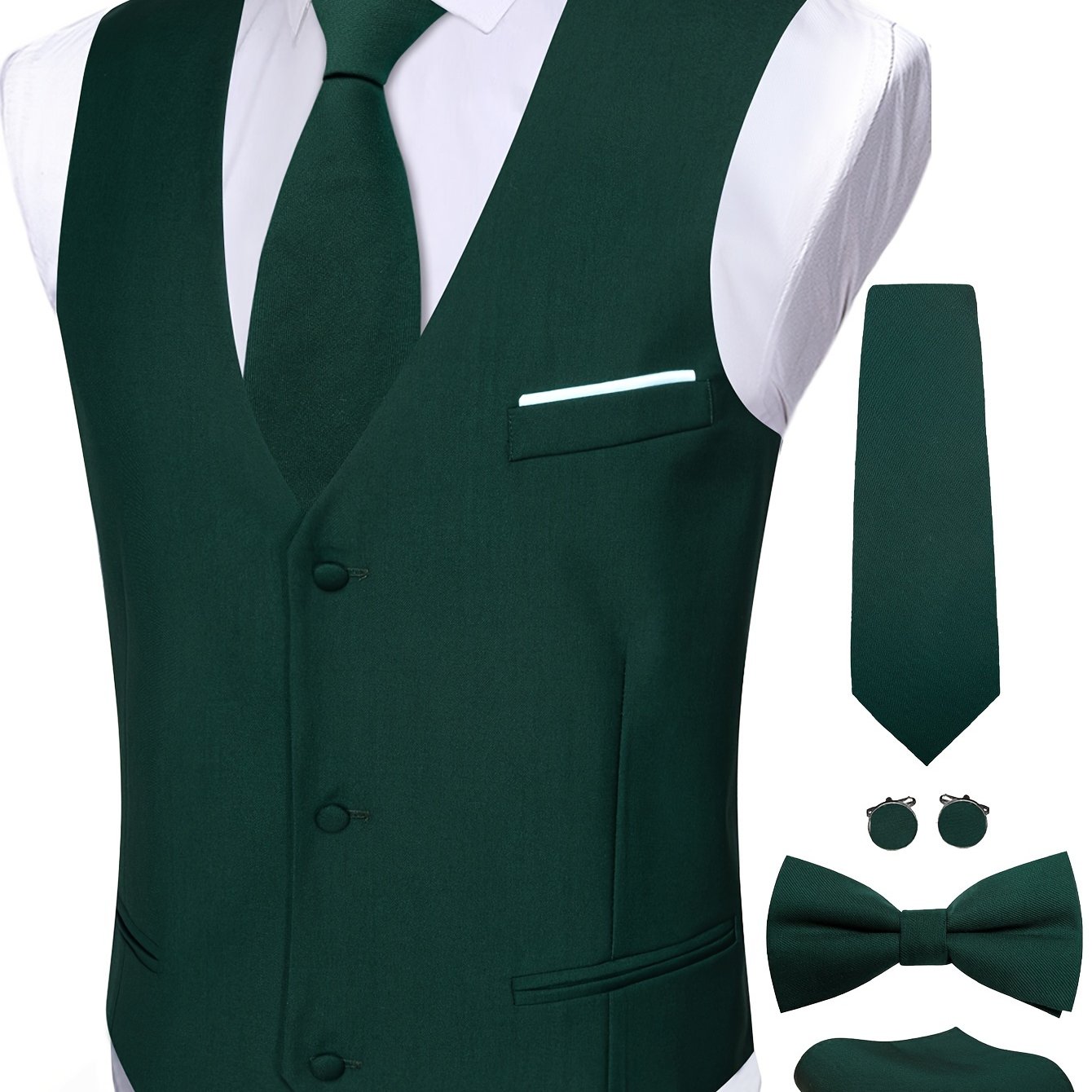 Image of 5pcs Men's Dark Green Dress Vest Suit Set: Waistcoat, Necktie, Bow Tie, Pocket Square, And Cufflinks For Tuxedo Events