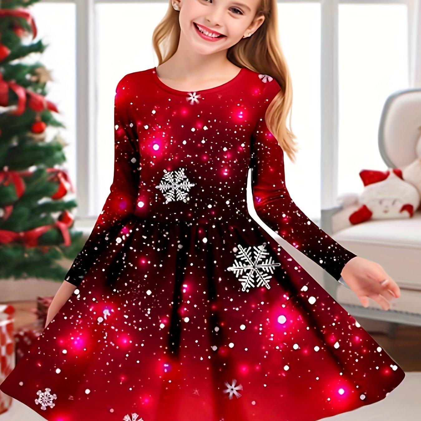 Girls' 3d Snowflake Dress Long Sleeve 3d Printed Autumn Winter Sports And Outdoor Casual Holiday Cute Casual Beautiful Children 3-12 Years Old Casual Dress 1pc Skirt Above Knee Polyester Regular Fit