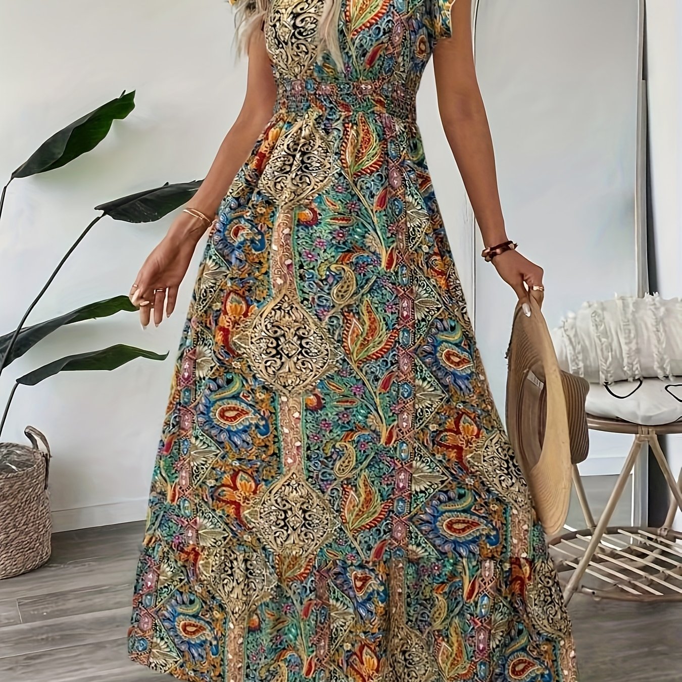 E-shop Yudomi Directional W80295 Damen Urlaubs-Freizeitkleid mit Paisley-Muster, V-Ausschnitt, lang