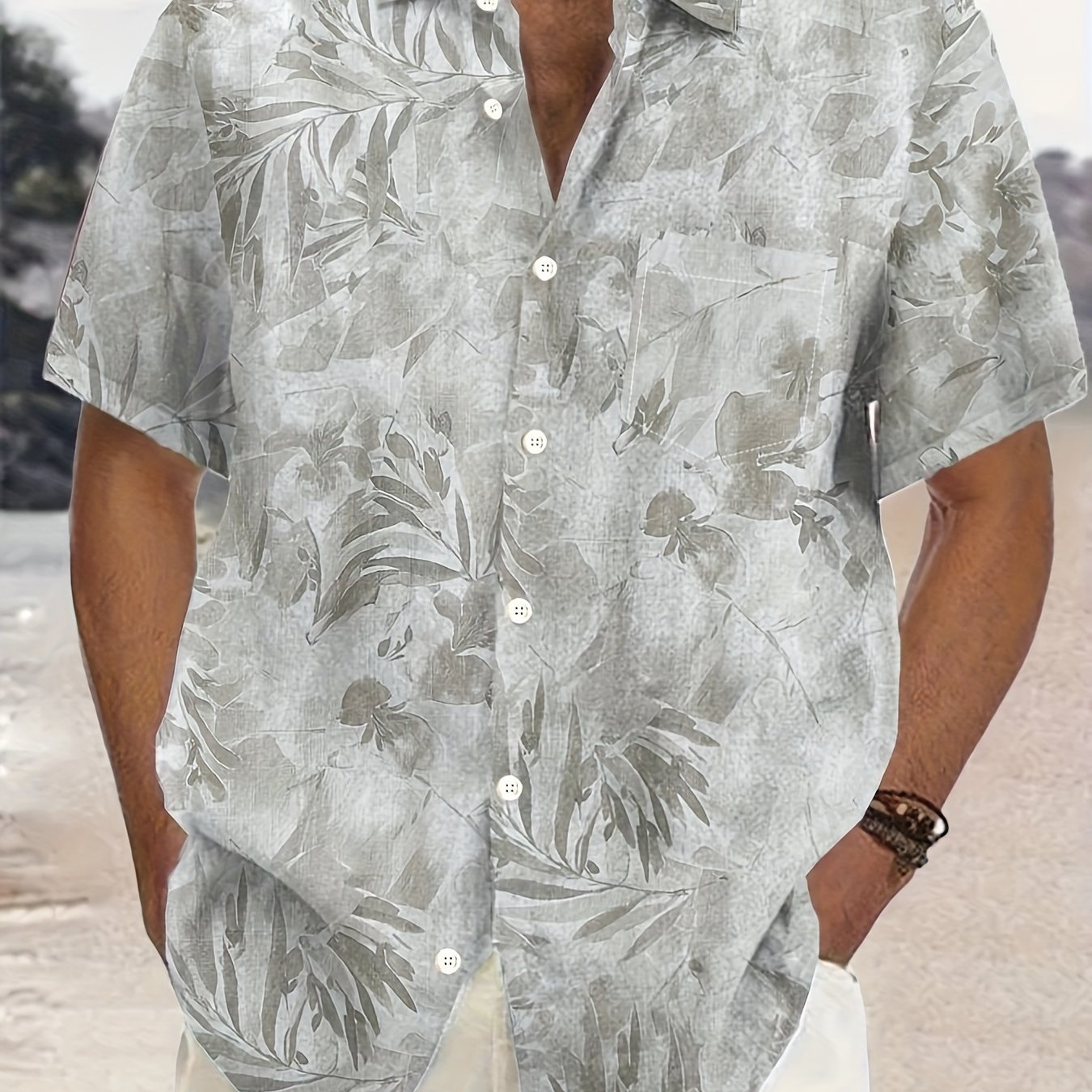 Hawaiian Floral Plant Leaf Print Men's Button- Pocket Short Sleeve Shirt
