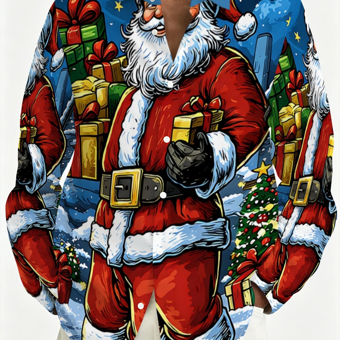 TEMU Christmas Themed Print Plus Size Men's Long Sleeve Shirt, Casual Santa Claus Pattern Shirt, Autumn Beachwear, Apparel, Plus Size