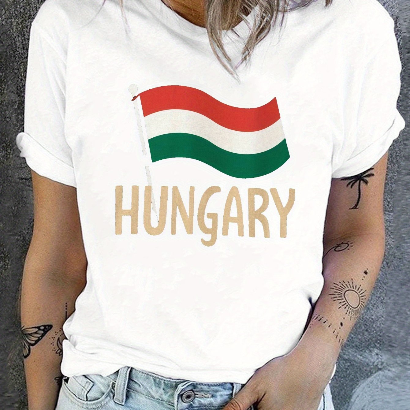 TEMU A Casual Short-sleeve Crew Neck T-shirt Featuring An Illustration Of The Hungarian Flag, Perfect For Spring And Summer, Designed For Women