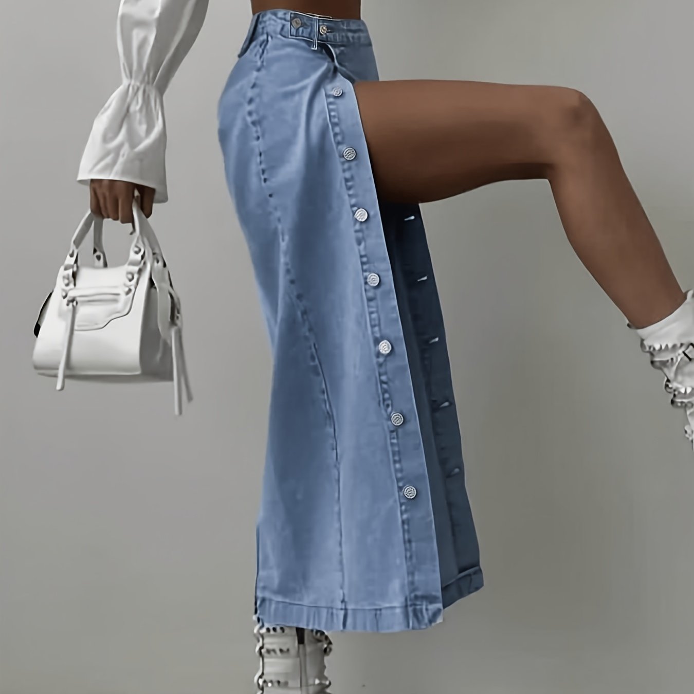 Image of Women's High Waist Denim Midi Skirt - Beltless Button-front Closure & High Slit Solid Color Skirt Suitable For Spring Summer Fall, Machine Washable Denim Outfits For Casual To Dressy Wear