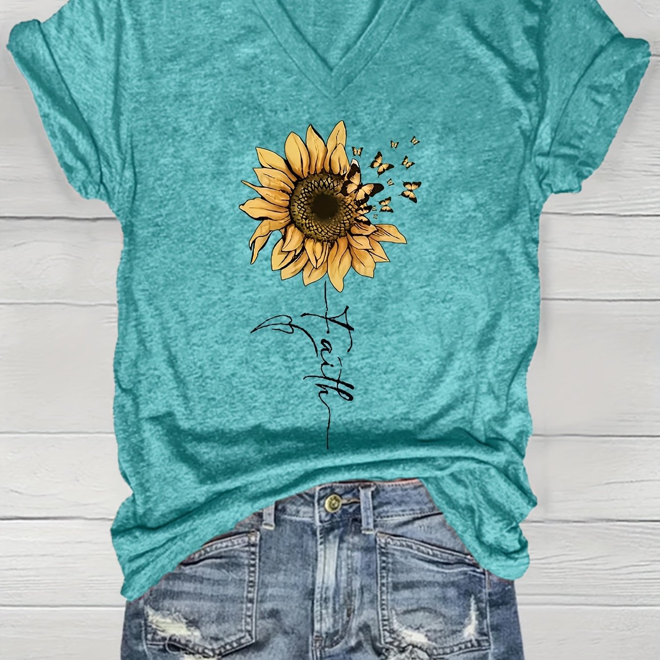 TEMU /summer Style V-neck Short Sleeve Loose Fit Casual Women's Top With Floral Print, Comfortable And Fashionable - Suitable For Daily Wear And