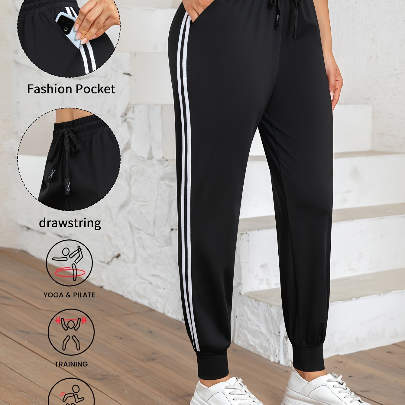 E-shop Damen Sport-Jogginghose aus hochelastischem Ice-Fiber-Gewebe mit kühlendem Seitenstreifen, schnelltrocknend, atmungsaktiv,