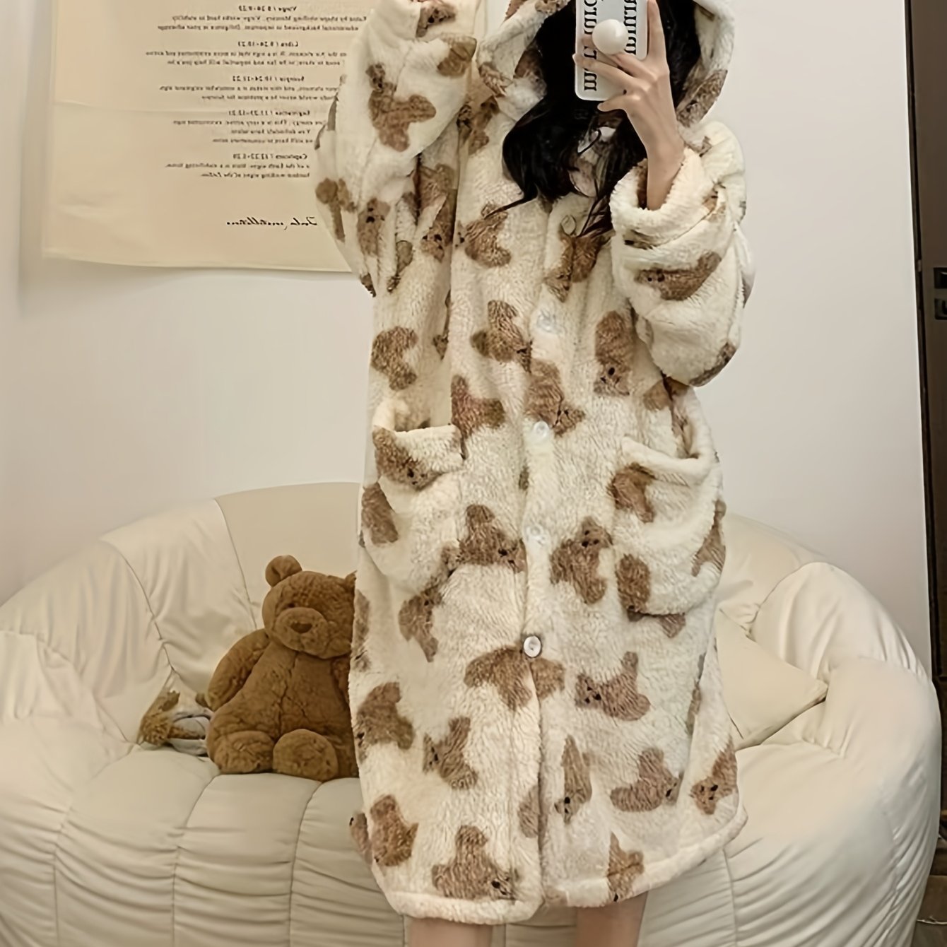 TEMU Pyjama Thermique d'Hiver pour Femmes - Chemise de Nuit Chaud et Épais avec Capuche, & Robe, Vêtement de Nuit Confortable Lavable à pour Temps