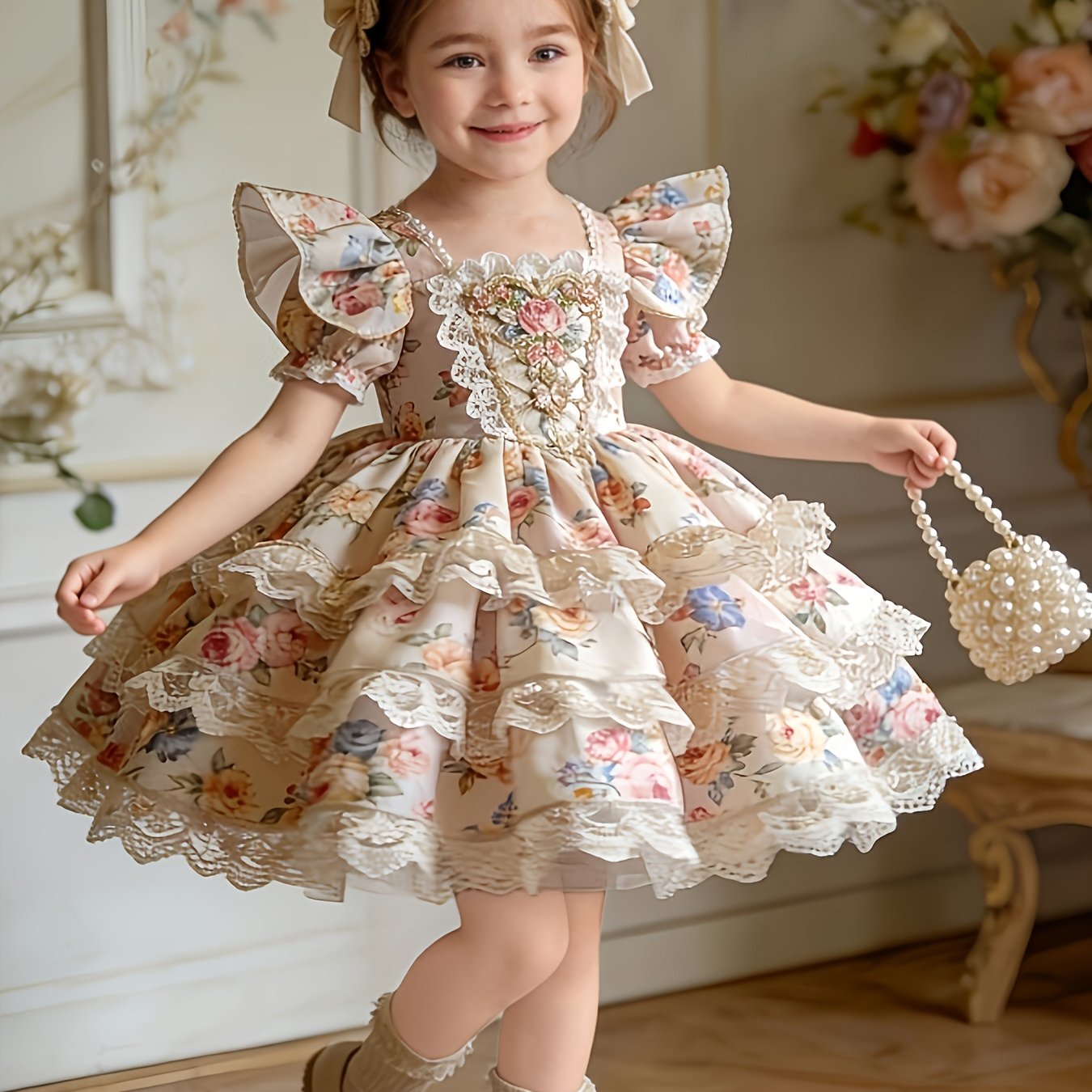 Image of Girls Vintage Floral Lace Puff Short Sleeve Dress, Kids Birthday Party Festival Gown