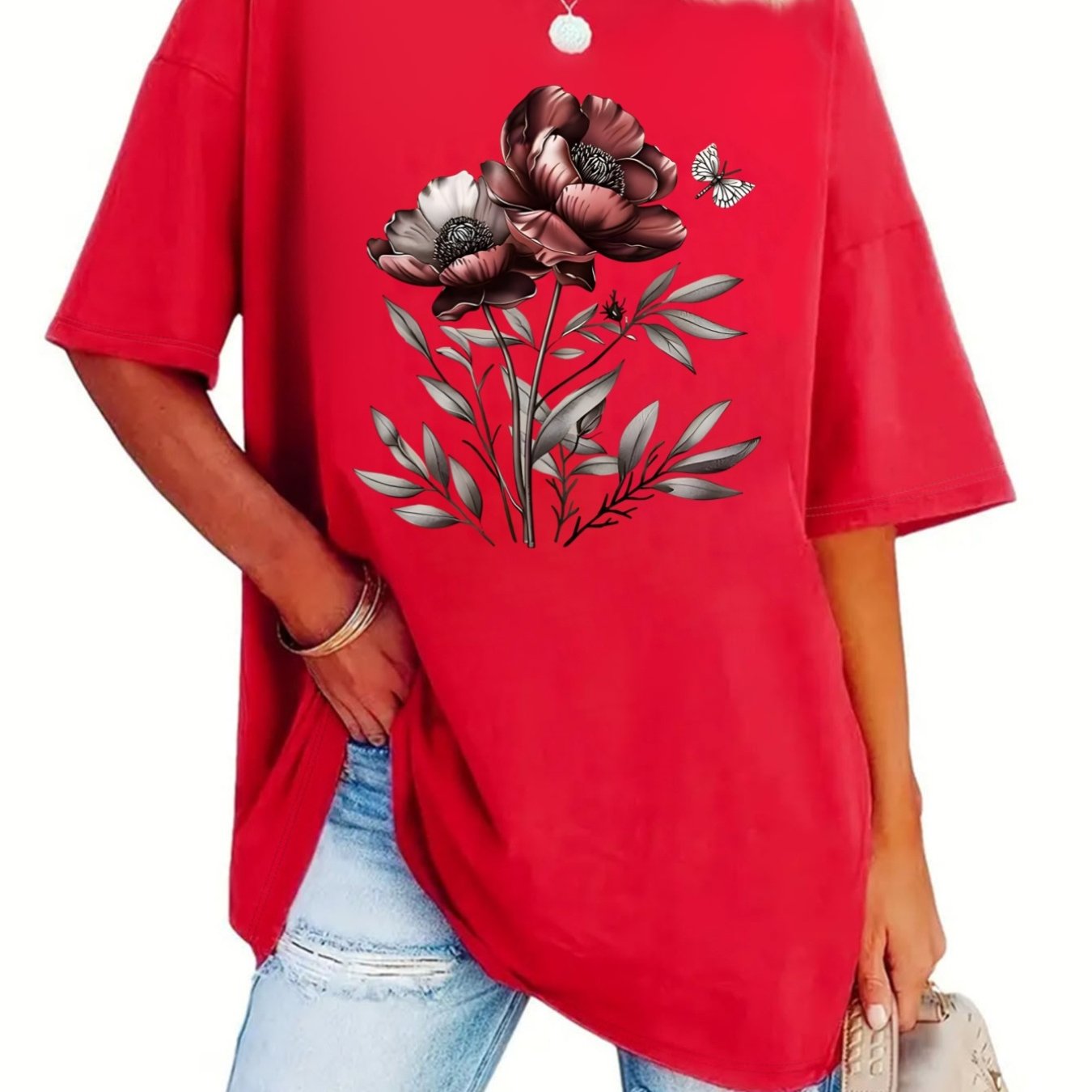 TEMU Plus Size - Spring And Summer Short Sleeve With Floral Print Pattern Featuring And Delicate Leaf Designs, A Size Large Women's Fashion Top