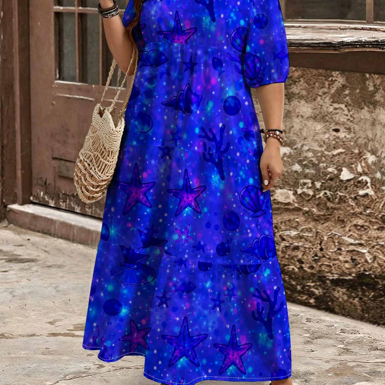 Image of Plus Size, Summer Plus Size Marine Starfish Printed Bubble Shortsleeved Maxi Dress For Women. Layered Cake . Bohemian Chic Seaside Vacation Loosefitting Feminine Flowy Resort Dress.
