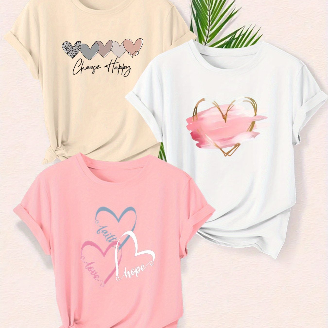 TEMU A Set Of 3 Casual T-shirts Featuring Heart Patterns For Women's Spring And Summer Fashion In Europe And America