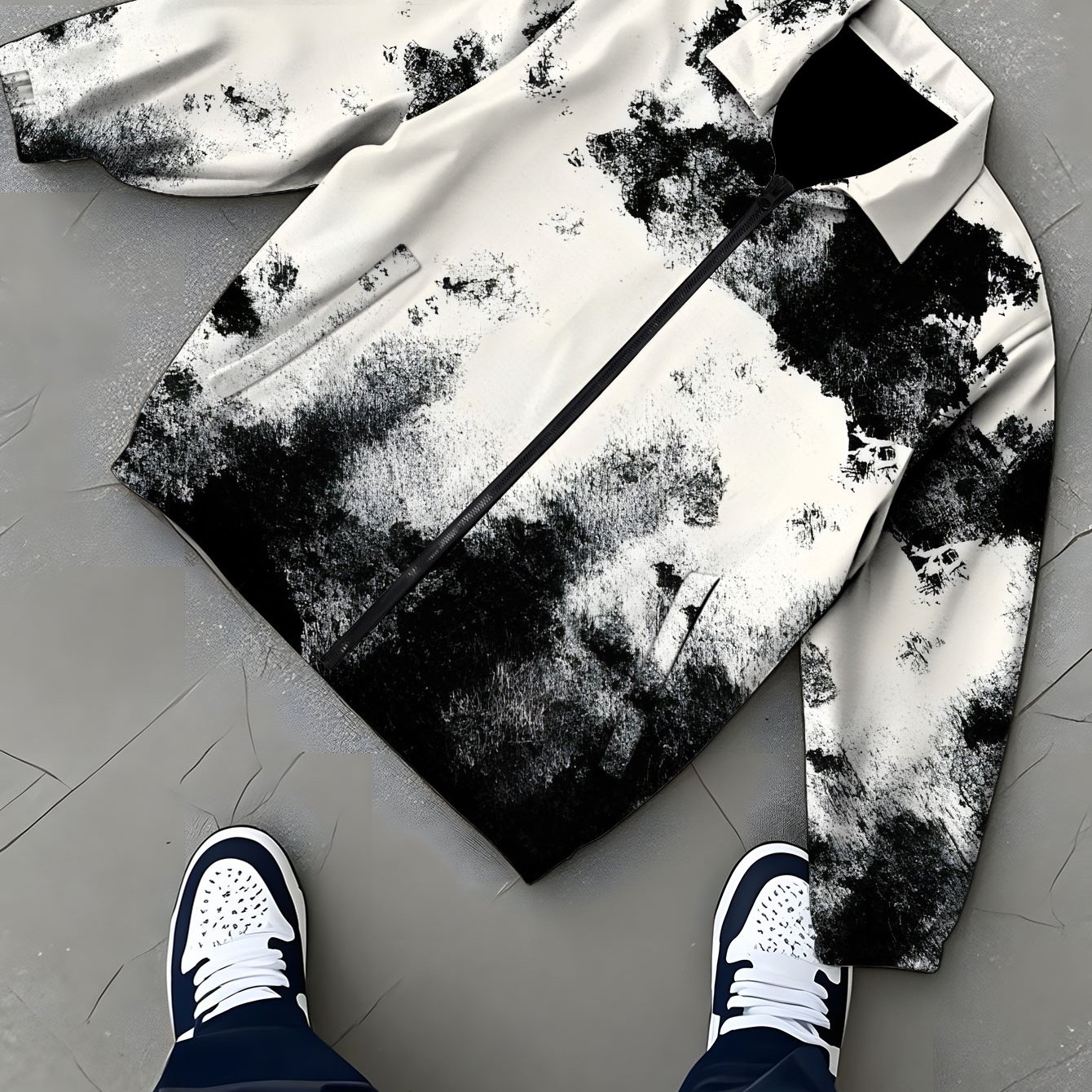 TEMU 's Lapel Jacket Outerwear, Trendy Men's Outdoor Jacket, Loose And Comfortable Black And White Ink Wash Style, Regular Versatile Short Workwear