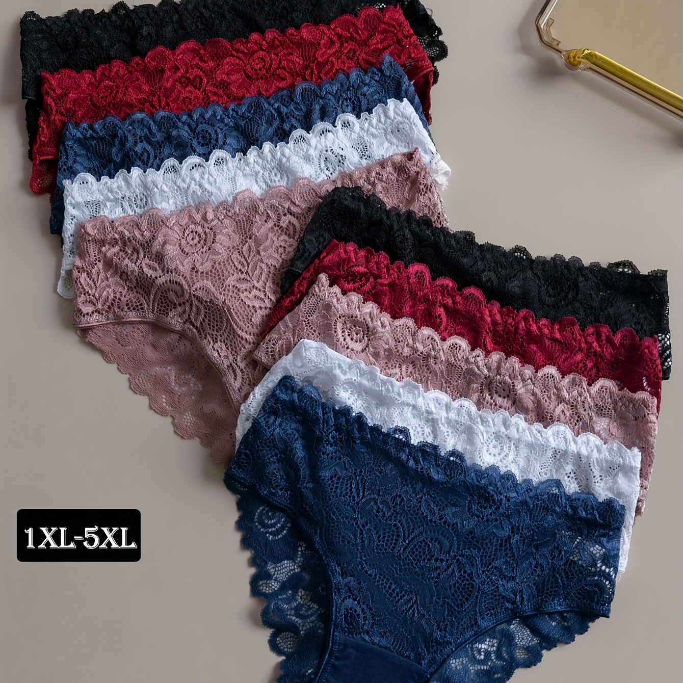 10pcs Pack Women's Plus Size Lace Underwear - Elegant Full-coverage Triangle Briefs With Mid-rise, Fabric & Lace Paneling, Pack Suitable For Casual Attire Or Gifting