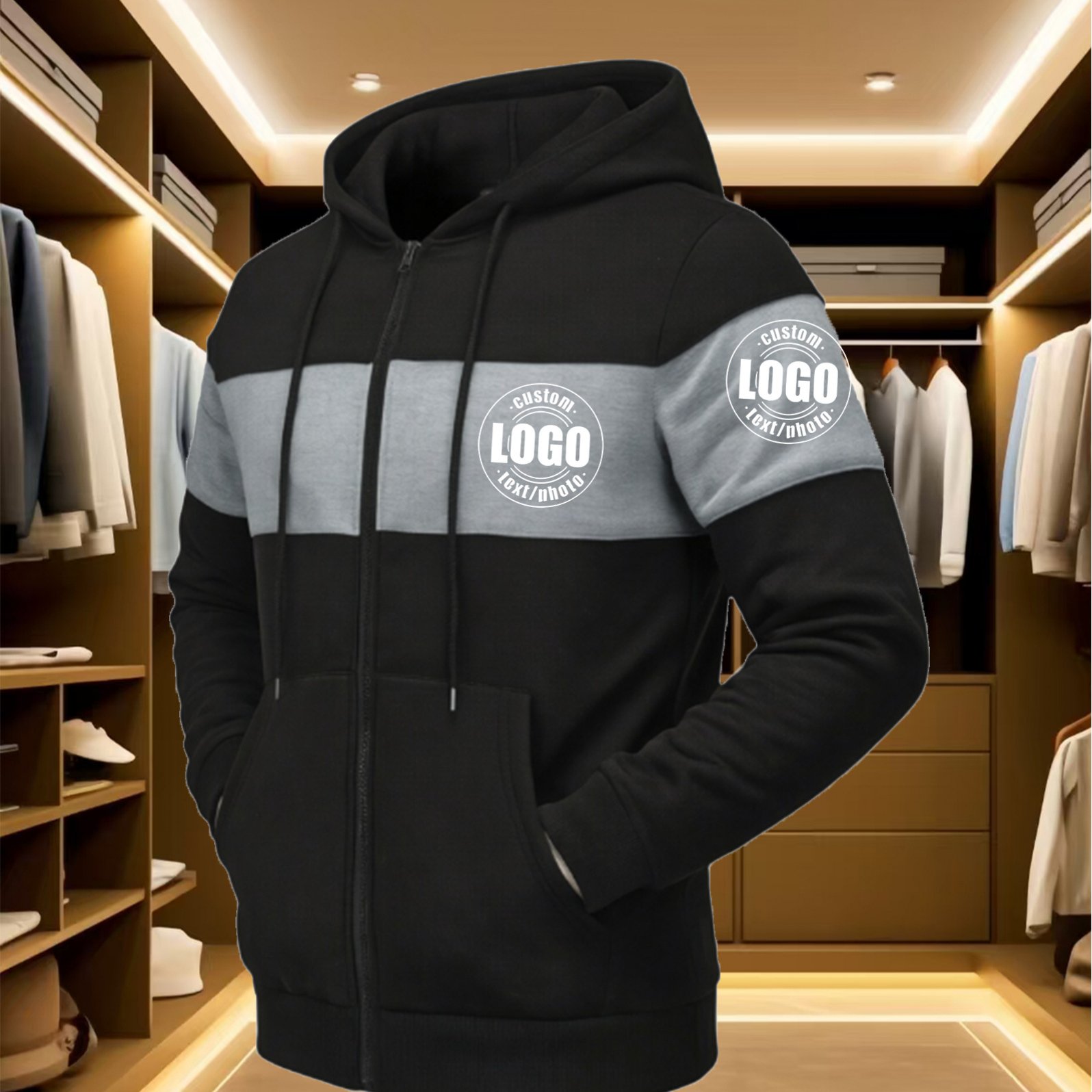 TEMU [customizable] Men's High-quality Cardigan Jacket, Logo/photo Text Printing , Men's Zippered Sweater, Hoodie, Suitable For Casual And Outdoor