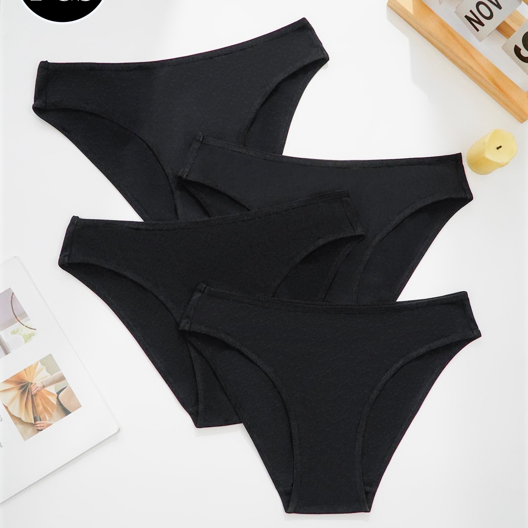 4pcs Soft Breathable Women's Low-rise Underwear - Cute Underwear, , Smooth Texture, Black Solid Color Triangle Pantie